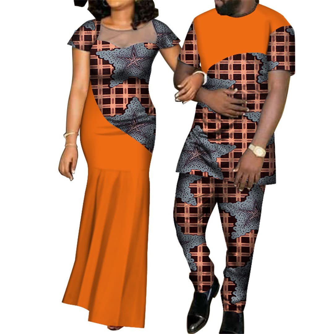 African Print Dresses for Women & Bazin Men's Shirt Pants Sets - Couple Matching Outfits with Yarn Dress Design (40FS1274, XXXL) for Weddings, Parties & Cultural Events