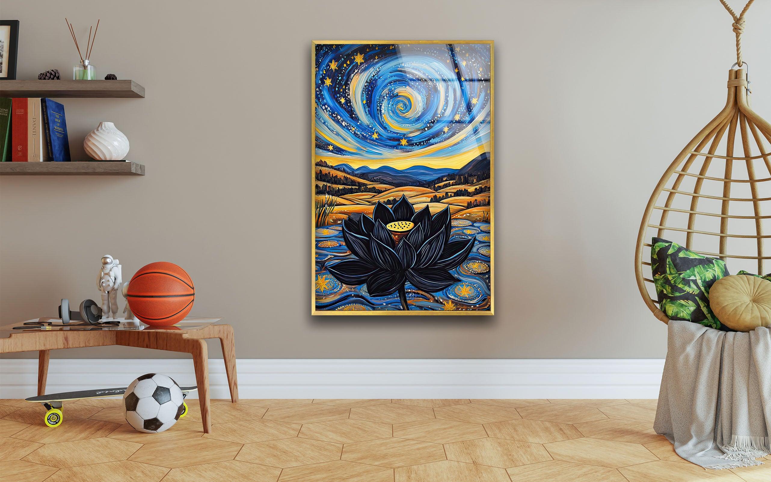 Black Lotus Glass Wall Art - Elegant Handmade Stained Glass Decor for Home & Office - Perfect for Living Room, Bedroom, and Meditation Spaces