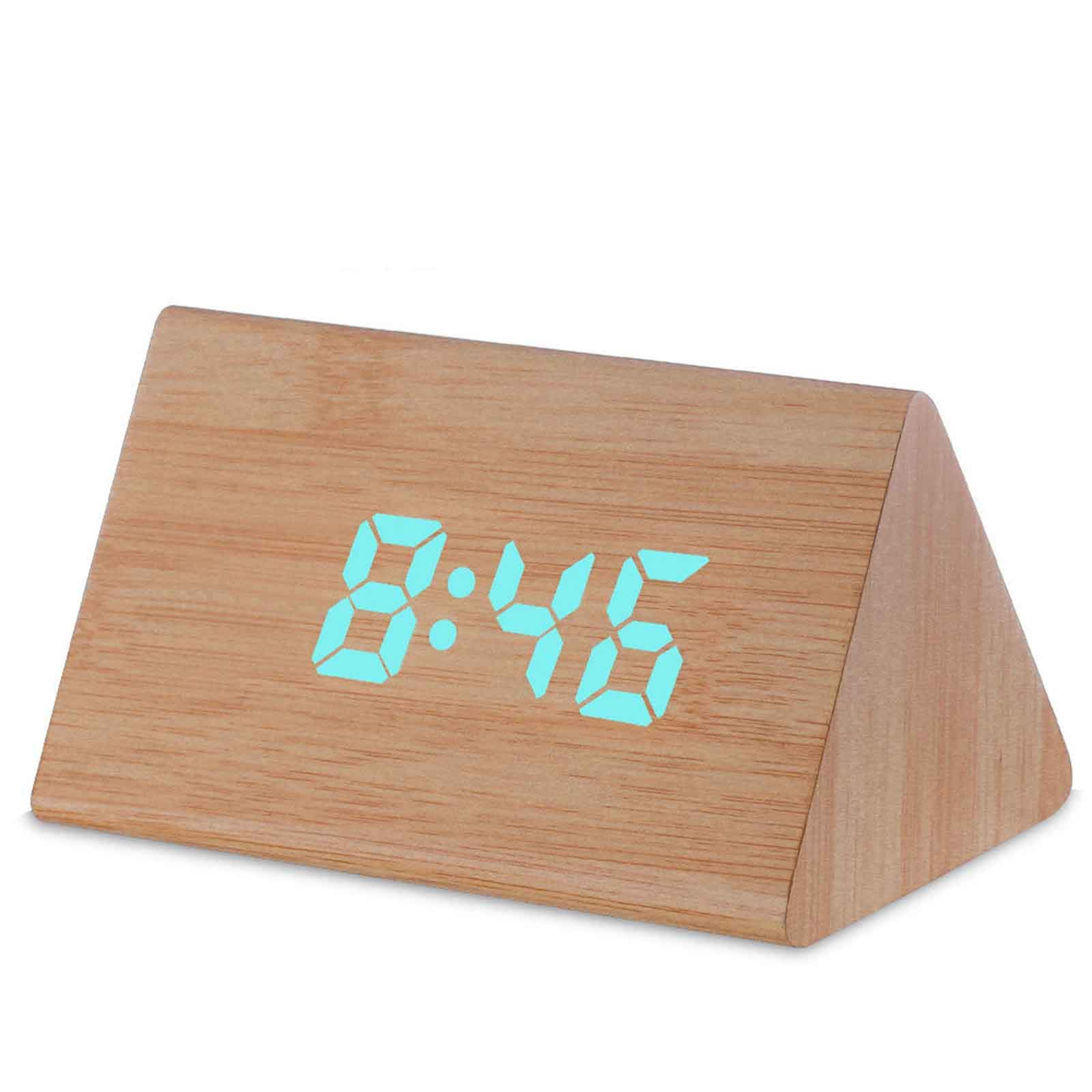 Tauzveok Mini Wood LED Light Digital Alarm Clock - Modern Desk Clock with Time, Date & Temperature Display for Kids, Bedroom, Home, Dorm, Travel - Beige Triangle Design (Perfect for Nightstand, Office Desk & Gift Giving)