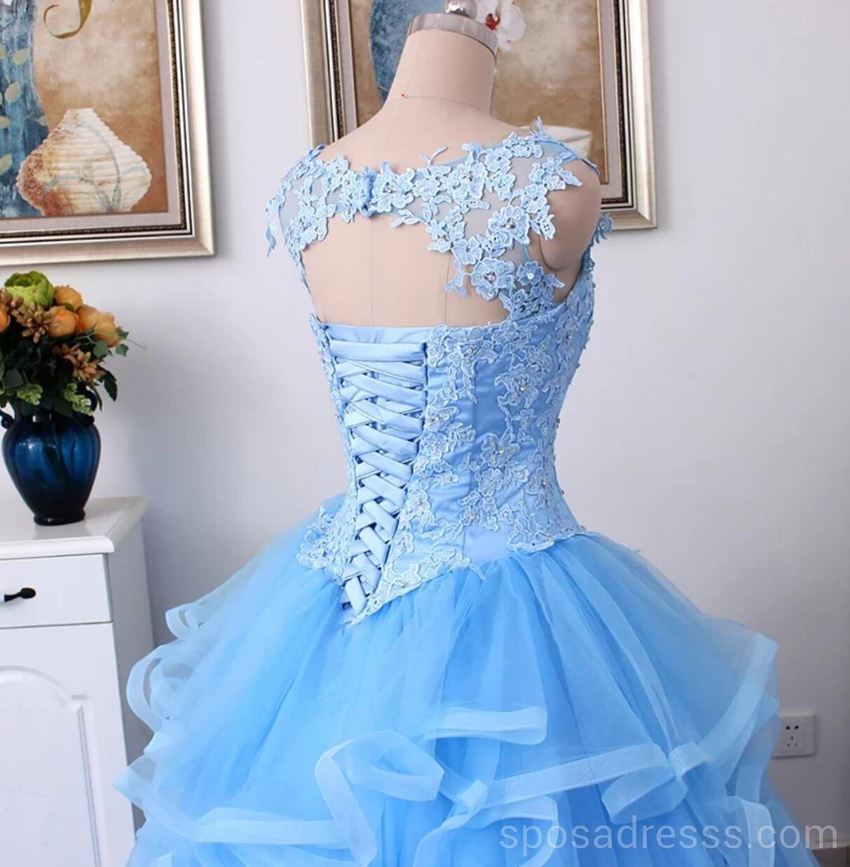 Elegant Blue Lace Straps Ball Gown Long Evening Prom Dress for Women | Custom Sweet 16 Dresses | Perfect for Formal Events, Prom Nights & Quinceañera Celebrations
