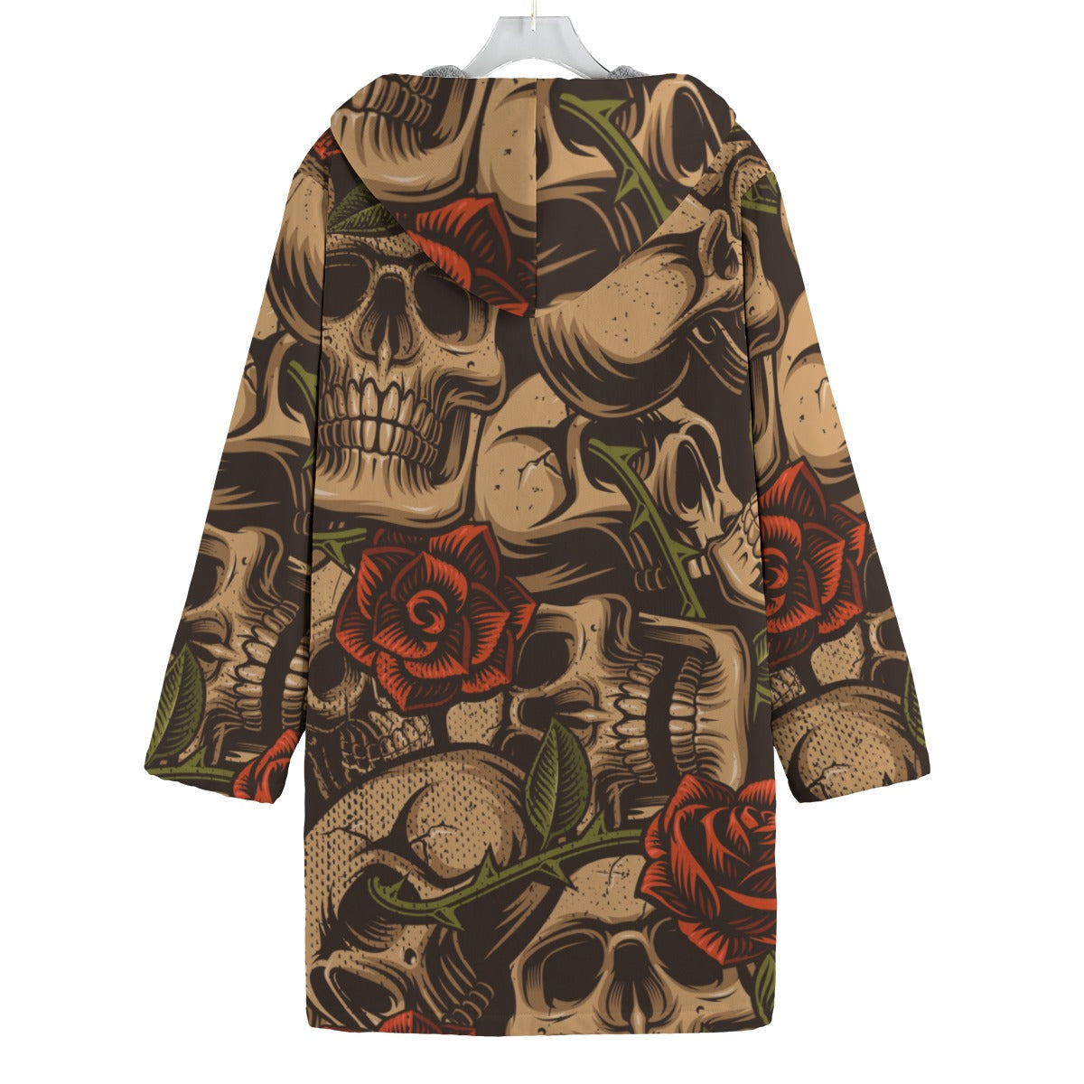 Stylish Bronze Skulls and Roses Print Canvas Button Fleece Windbreaker Jacket for Men & Women - Perfect for Outdoor Adventures, Casual Wear, and Street Fashion