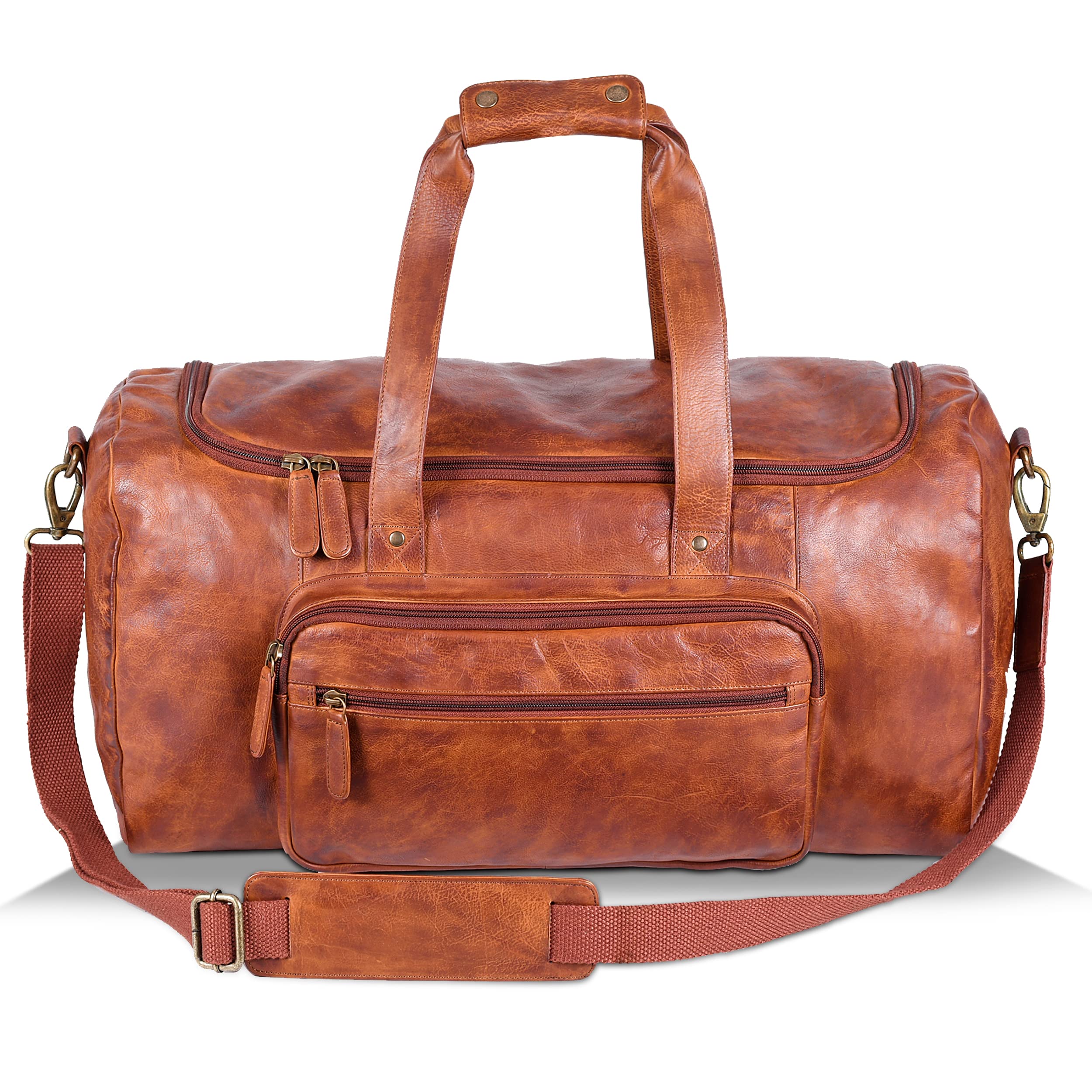 Genuine Leather Weekender Bag - Oversized Travel Duffel Carry On Overnight Bag for Men & Women (Tan Wash) | Perfect for Weekend Getaways, Business Trips & Gym Use