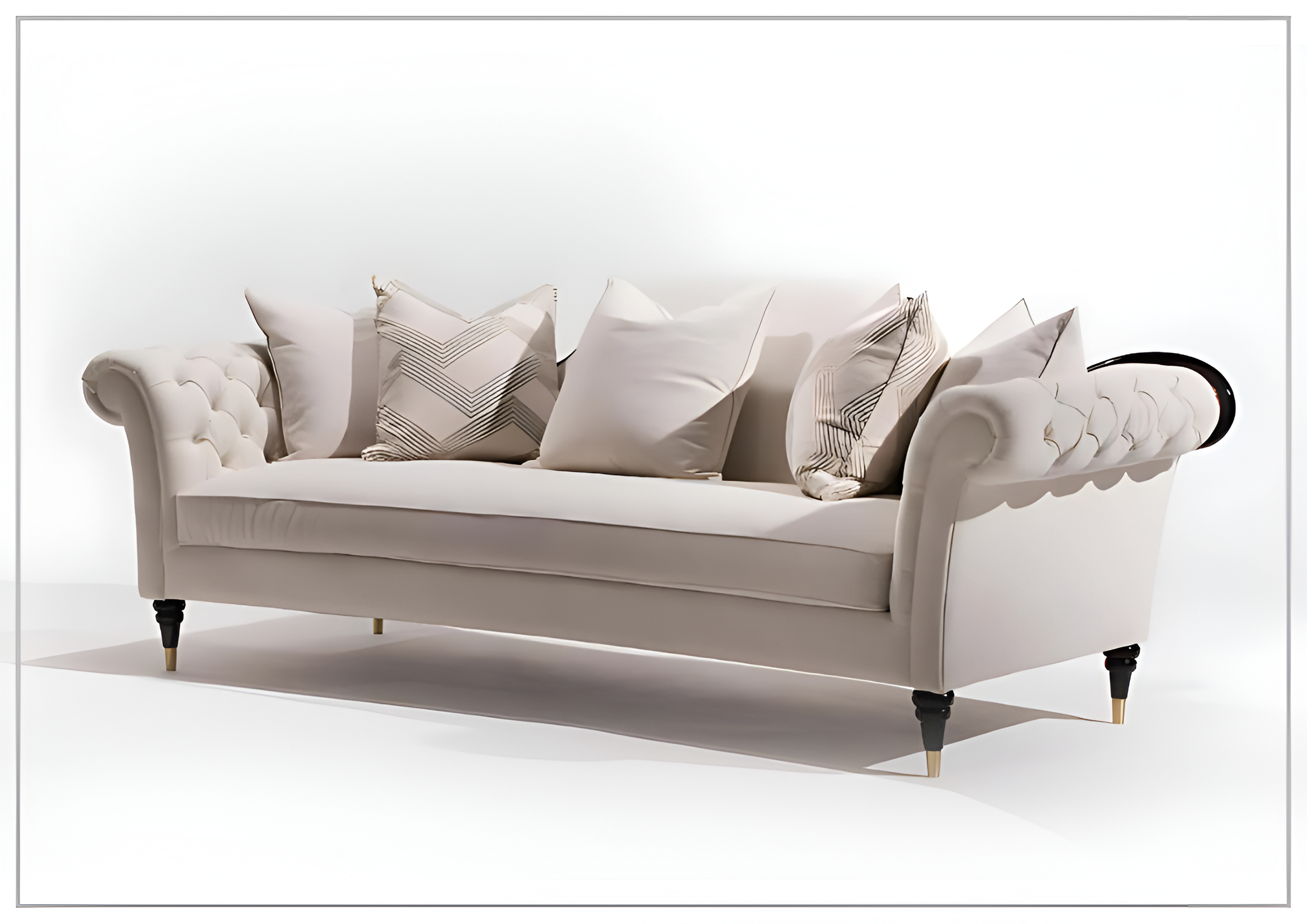 Klaussner Darla 3-Seater Beige Fabric Sofa with Tufted Rolled Arms - Modern Living Room Furniture for Small Spaces & Cozy Home Decor