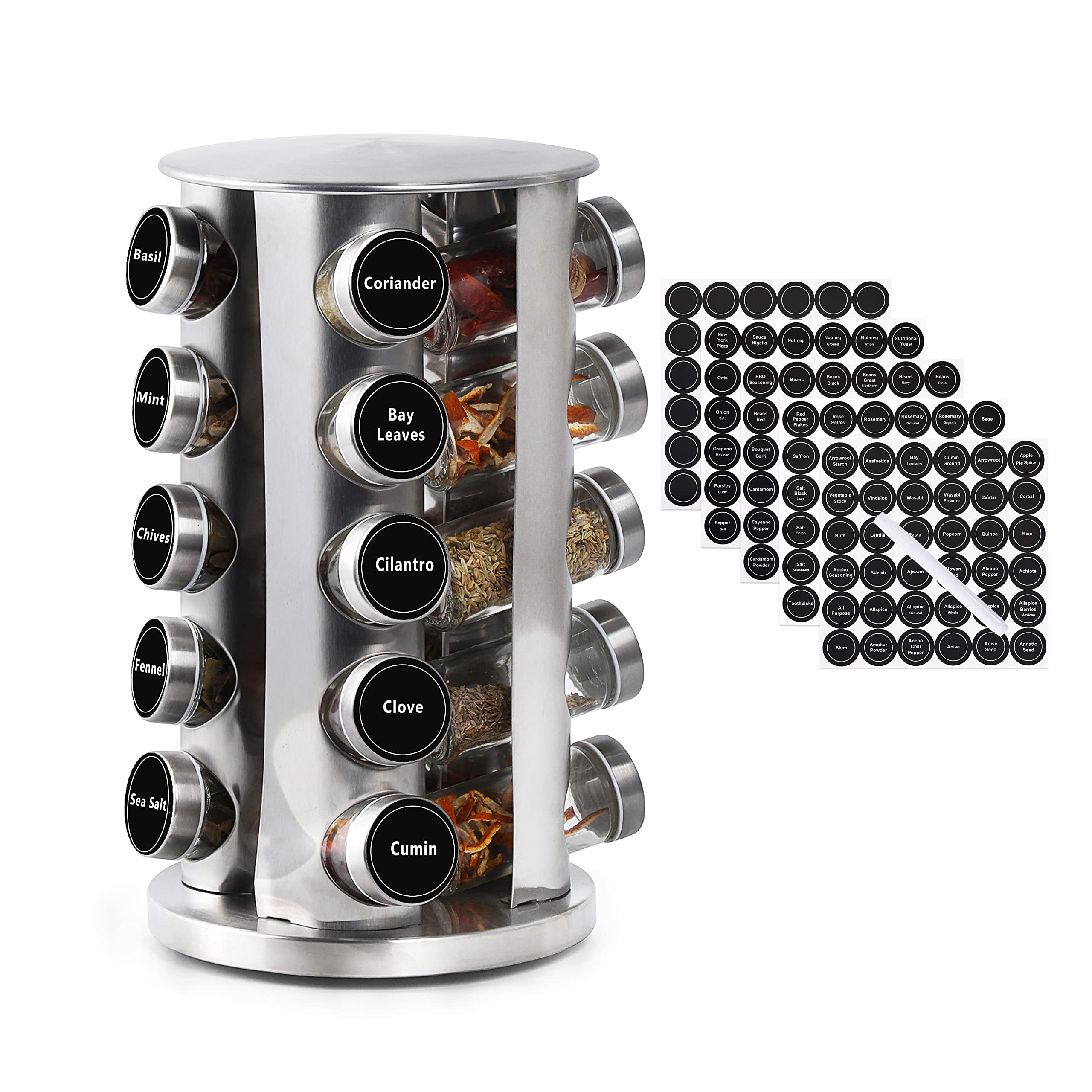 2-Tier Revolving Spice Rack Organizer with 20 Jars & Labels - 360° Rotating Stainless Steel Spice Carousel for Kitchen Countertop or Cabinet Storage - Perfect for Cooking, Baking & Organizing Spices