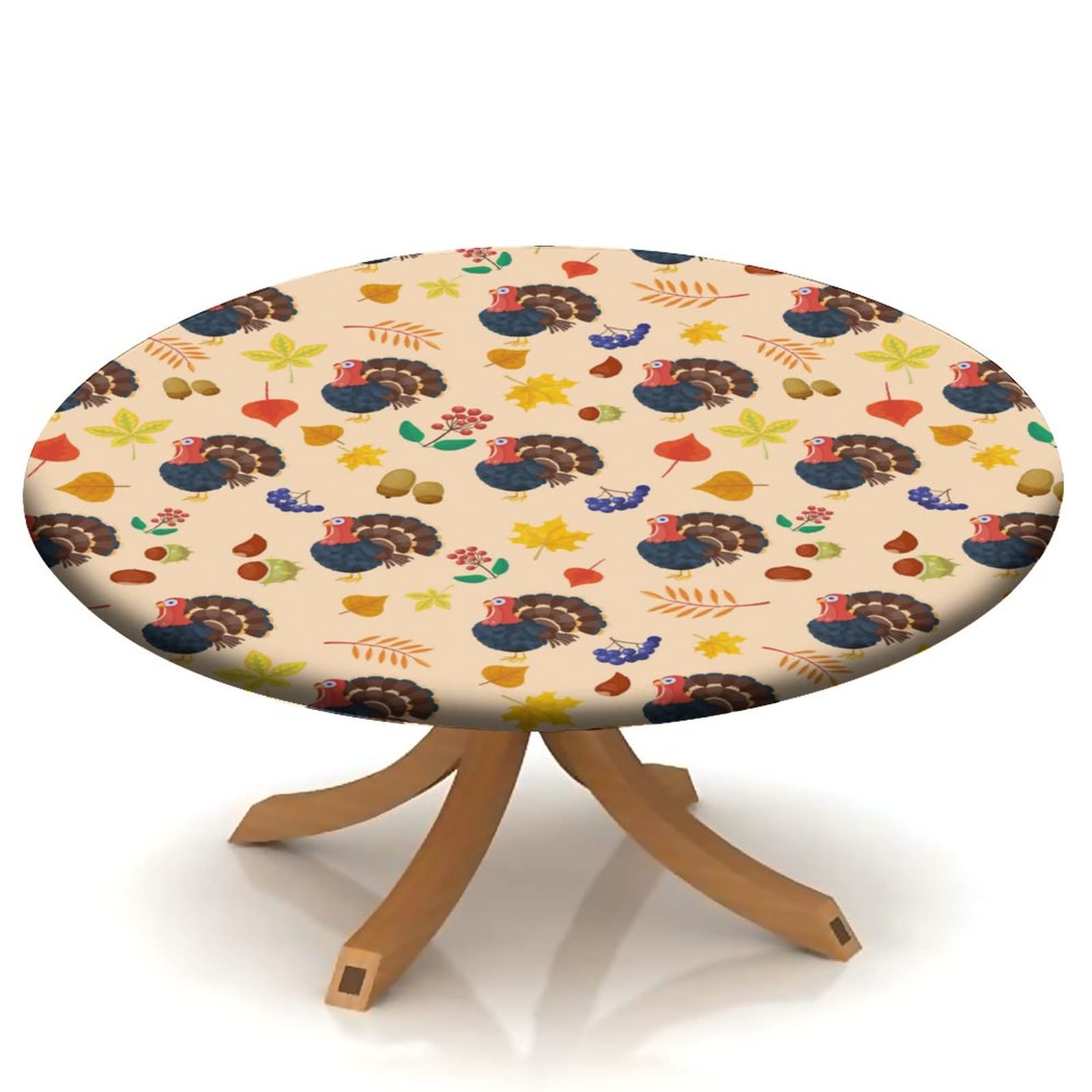 Autumn Leaves Round Elastic Edged Table Cover - Turkey Themed Fitted Tablecloth for 32