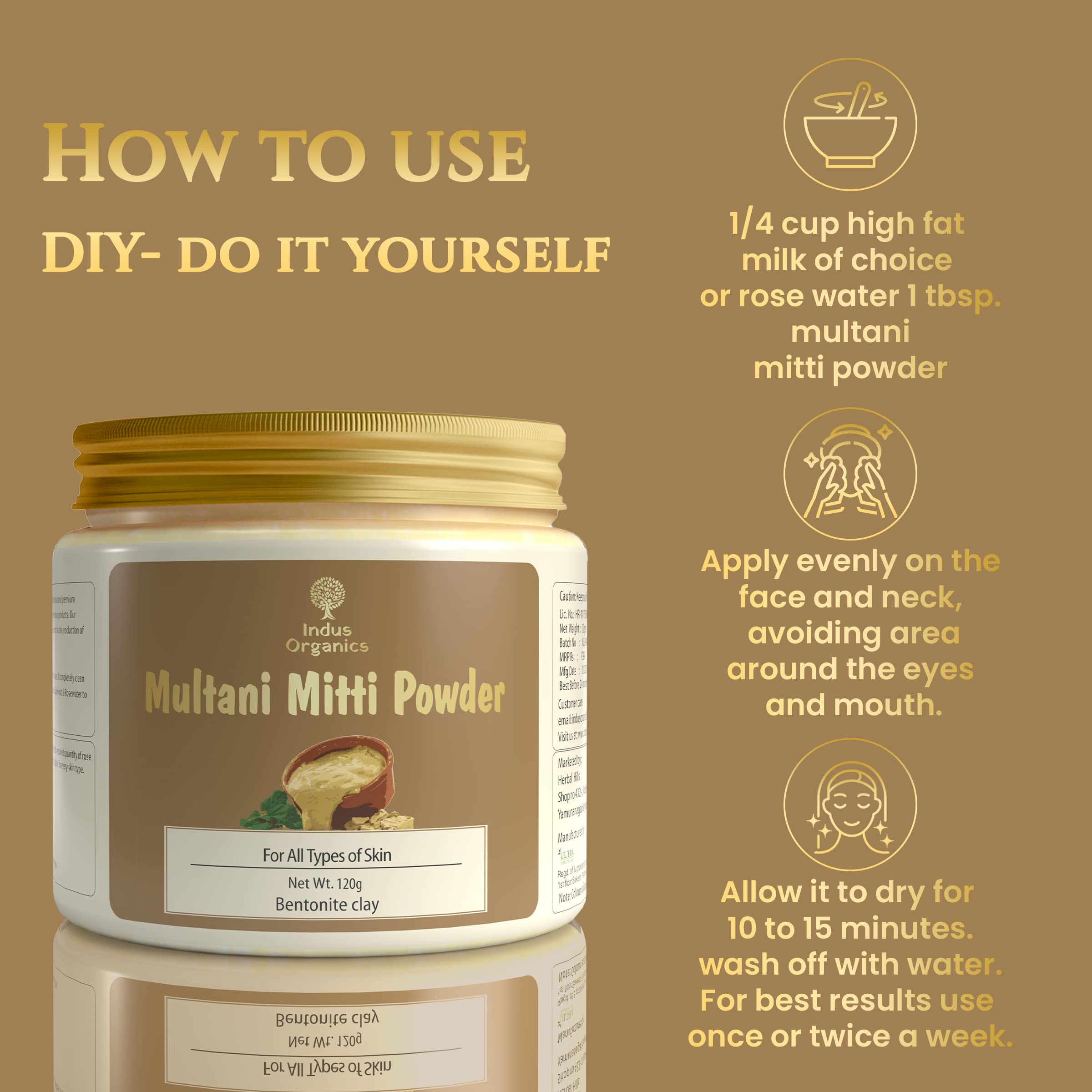 Indus Organics Multani Mitti Powder | 100% Pure Bentonite Clay for Hair & Skin Care | Removes Blackheads, Tightens Pores, Brightens Skin & Reduces Tan | 120gm | Perfect for DIY Face Masks & Hair Treatments