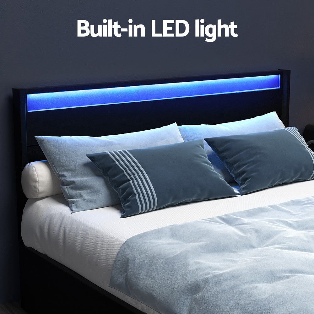 Dunelight LED Queen Size Bed Frame with 4 Storage Drawers - Modern Platform Bed with Underbed Storage & Ambient Lighting, Black - Perfect for Small Bedrooms, Guest Rooms & Dormitories