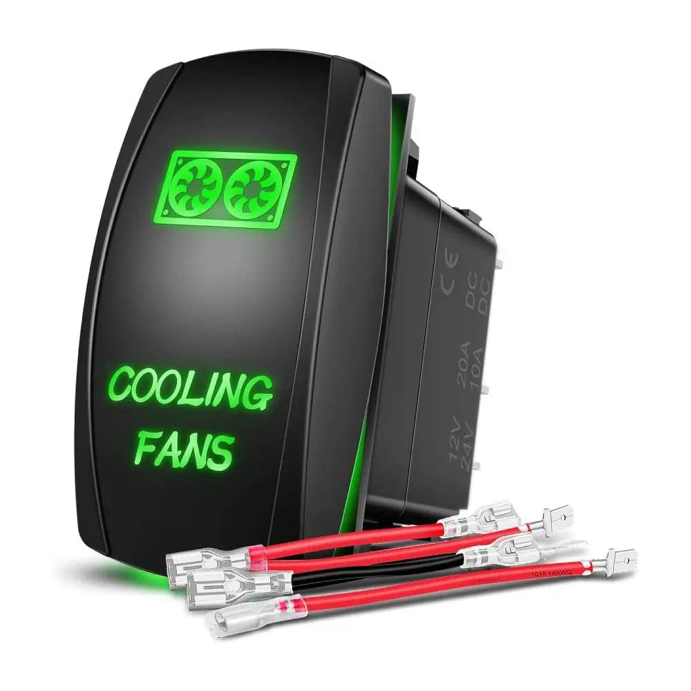 5-Pin Laser On/Off Rocker Switch with Cooling Fan - Green LED Illuminated Toggle for PC Case, Gaming Rig & Electronics Cooling System