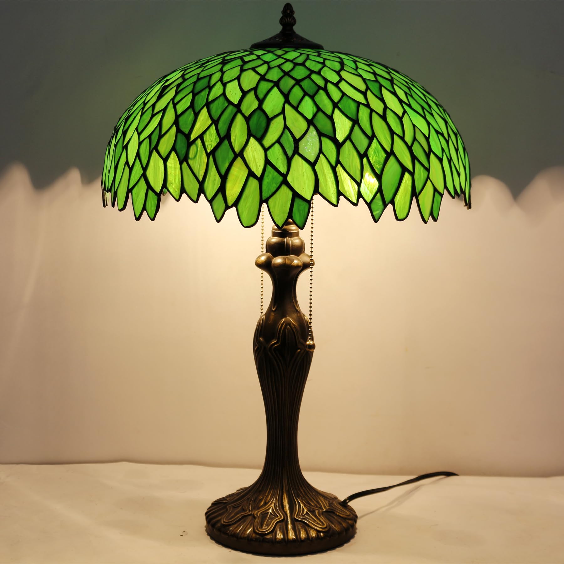 Tiffany Style Stained Glass Table Lamp - Green Wisteria Design with Metal Base, 16x16x24 Inches, Bedside Reading Light for Bedroom, Living Room & Home Office (S523 Series) | Perfect for Cozy Reading Nooks, Romantic Bedroom Ambiance & Elegant Home Decor