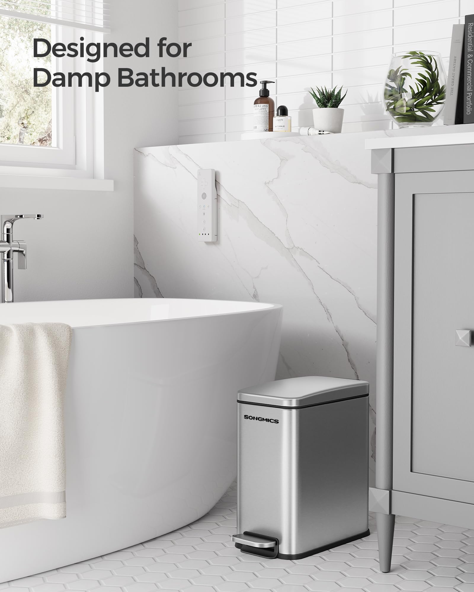 SONGMICS 2.6 Gallon Stainless Steel Bathroom Trash Can with Lid - Slim Small Space Garbage Bin, Soft Close Design, Silver ULTB561E10 - Perfect for Bathrooms, Kitchens, Offices & Tight Spaces