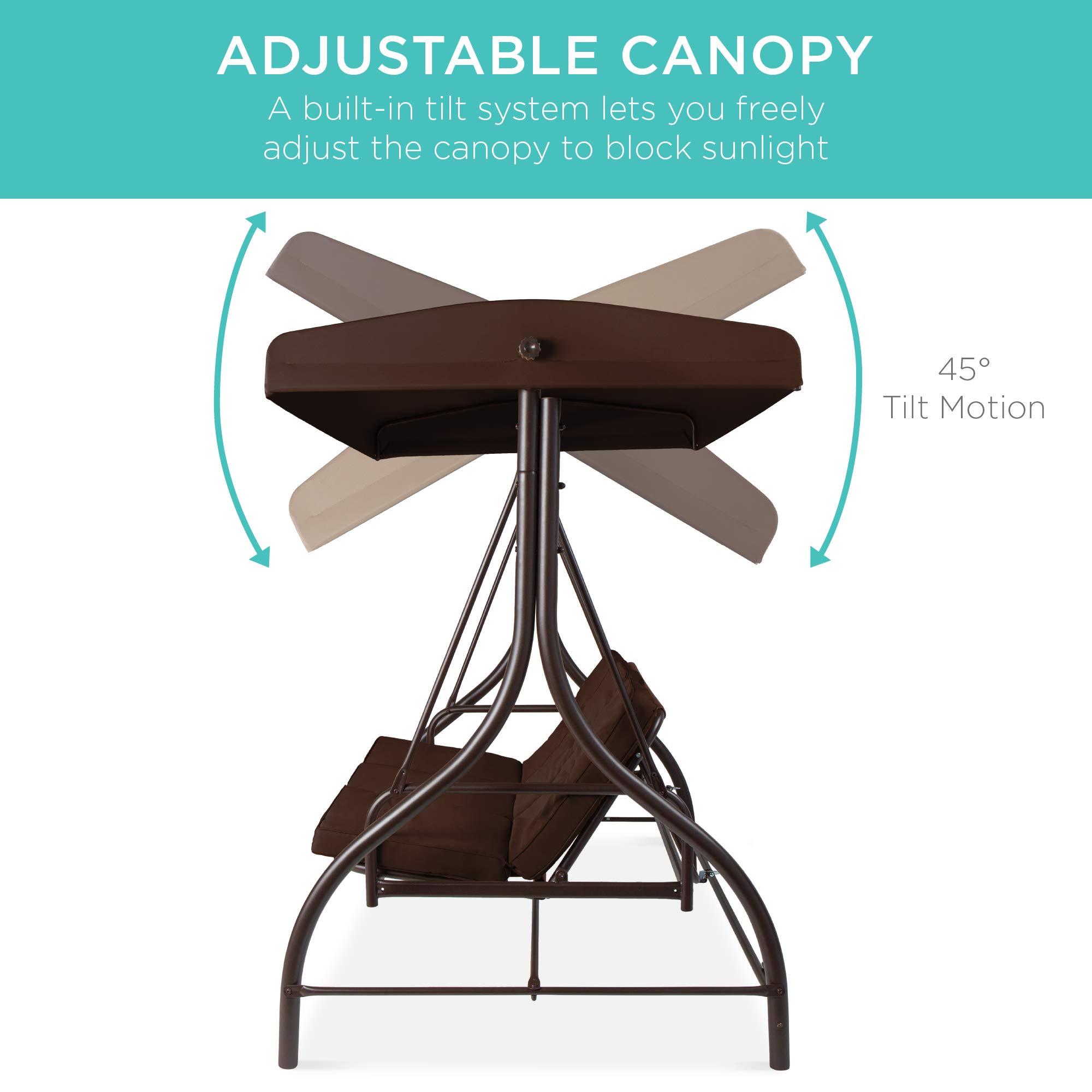 Best Choice Products 3-Seat Outdoor Patio Swing with Canopy - Convertible Glider Bench, Hammock Lounge Chair for Porch, Backyard, Garden w/ Adjustable Shade & Removable Cushions - Perfect for Relaxing, Reading & Outdoor Entertaining - Brown