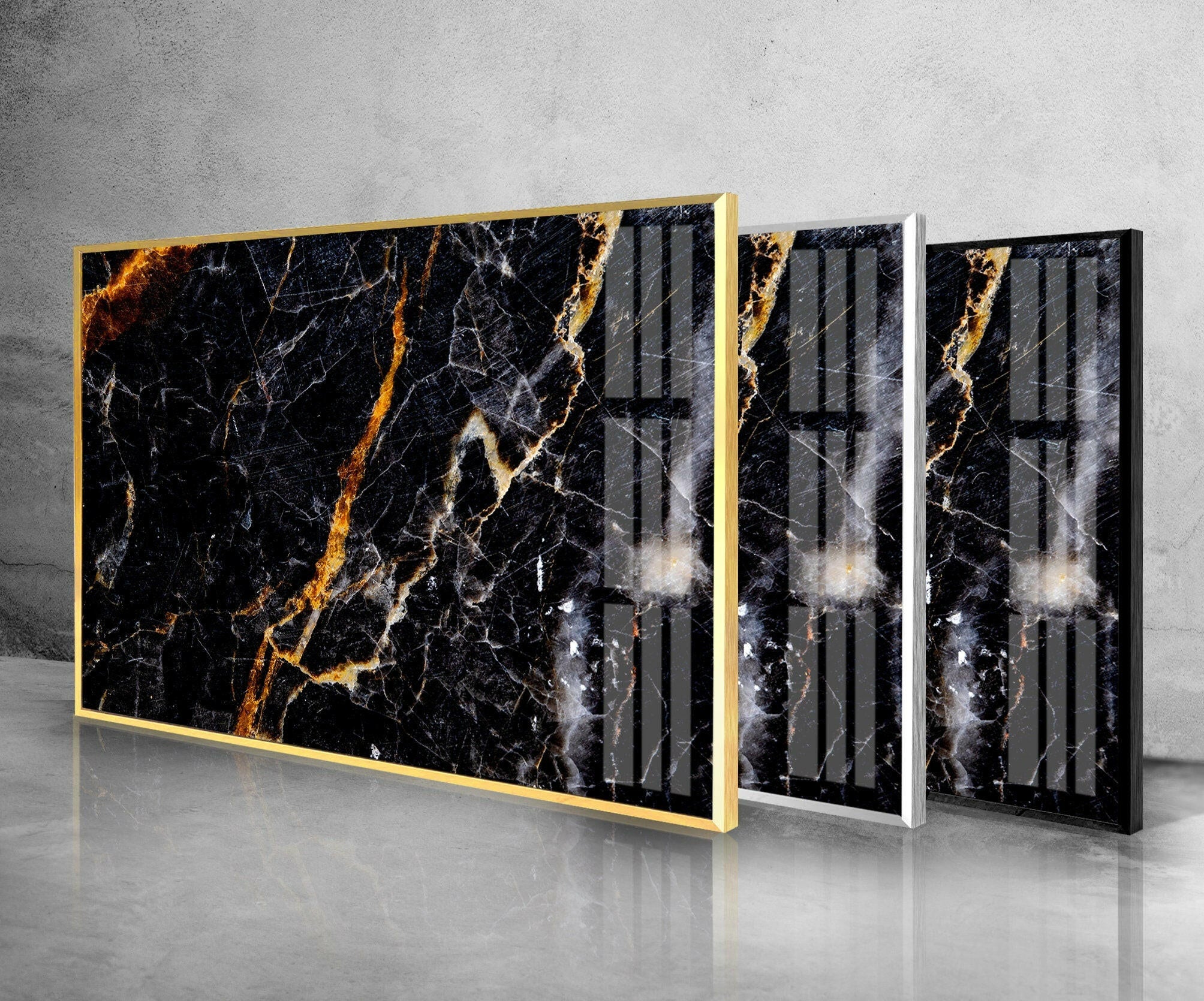 Black & Orange Marble Abstract Glass Wall Art - Modern Home Decor for Living Room, Bedroom & Office - Unique Handmade Glass Painting for Contemporary Interior Design