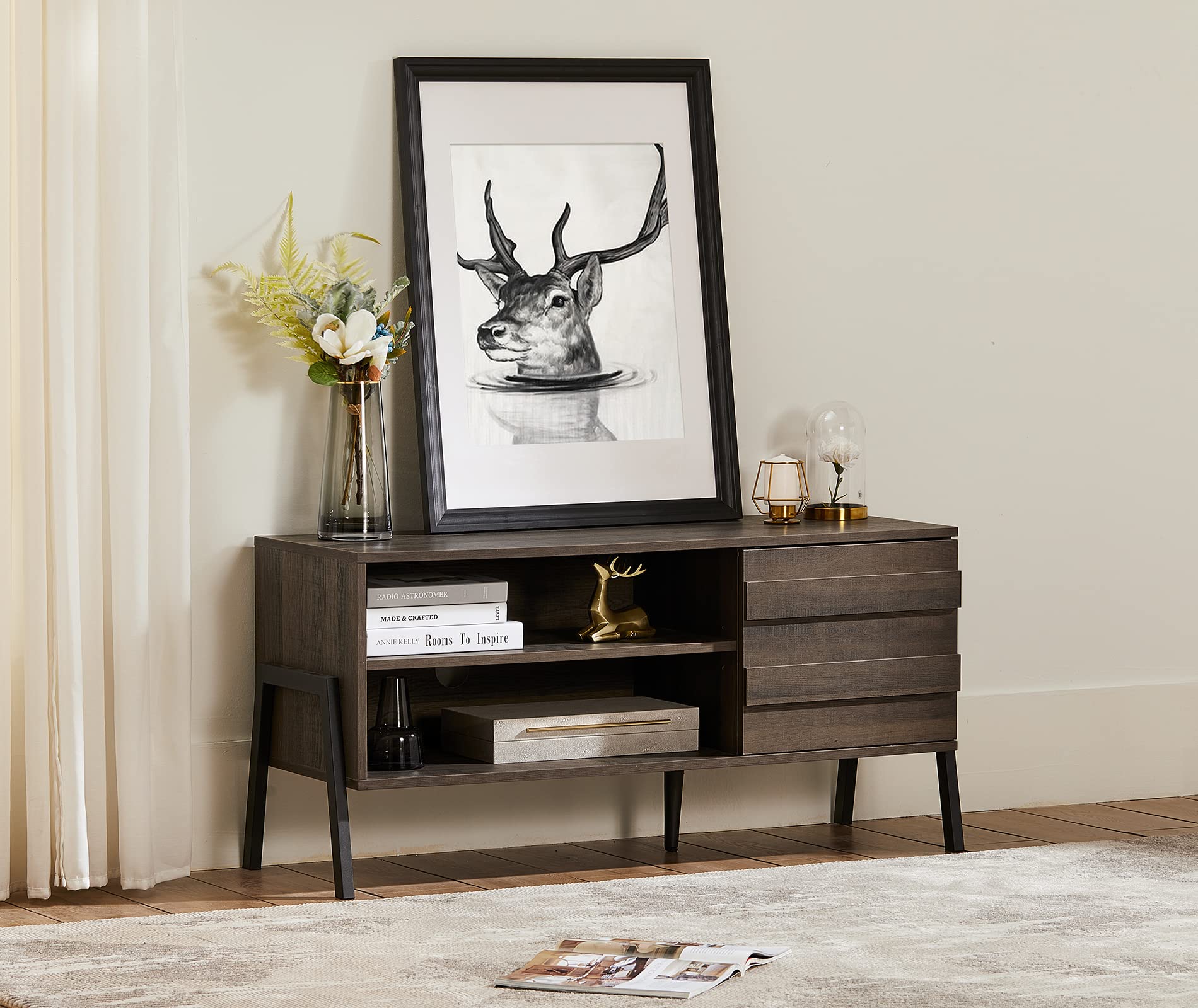 Mid Century Modern TV Stand for 85 Inch TV with Warm White LED Lights - Large Entertainment Center with Storage Cabinet & Metal Legs for 80-90 Inch TVs - Espresso TV Console Table for Living Room & Bedroom - Perfect for Home Theater Setup & Stylish Home Decor
