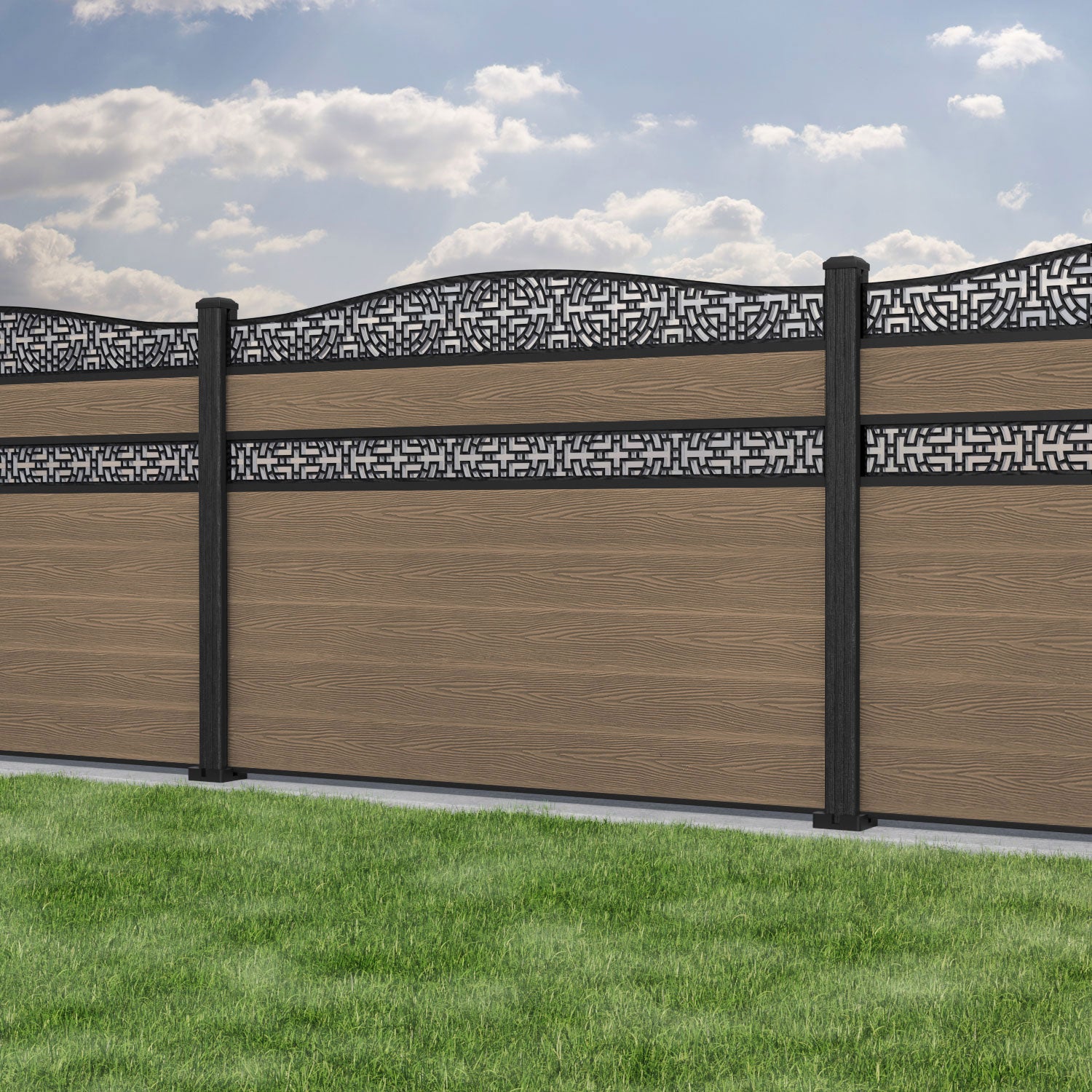 Premium Teak Kumo Curved Top Split Screen Fence Panel with Composite Posts - Elegant Privacy Fencing for Backyard, Garden & Pool Areas