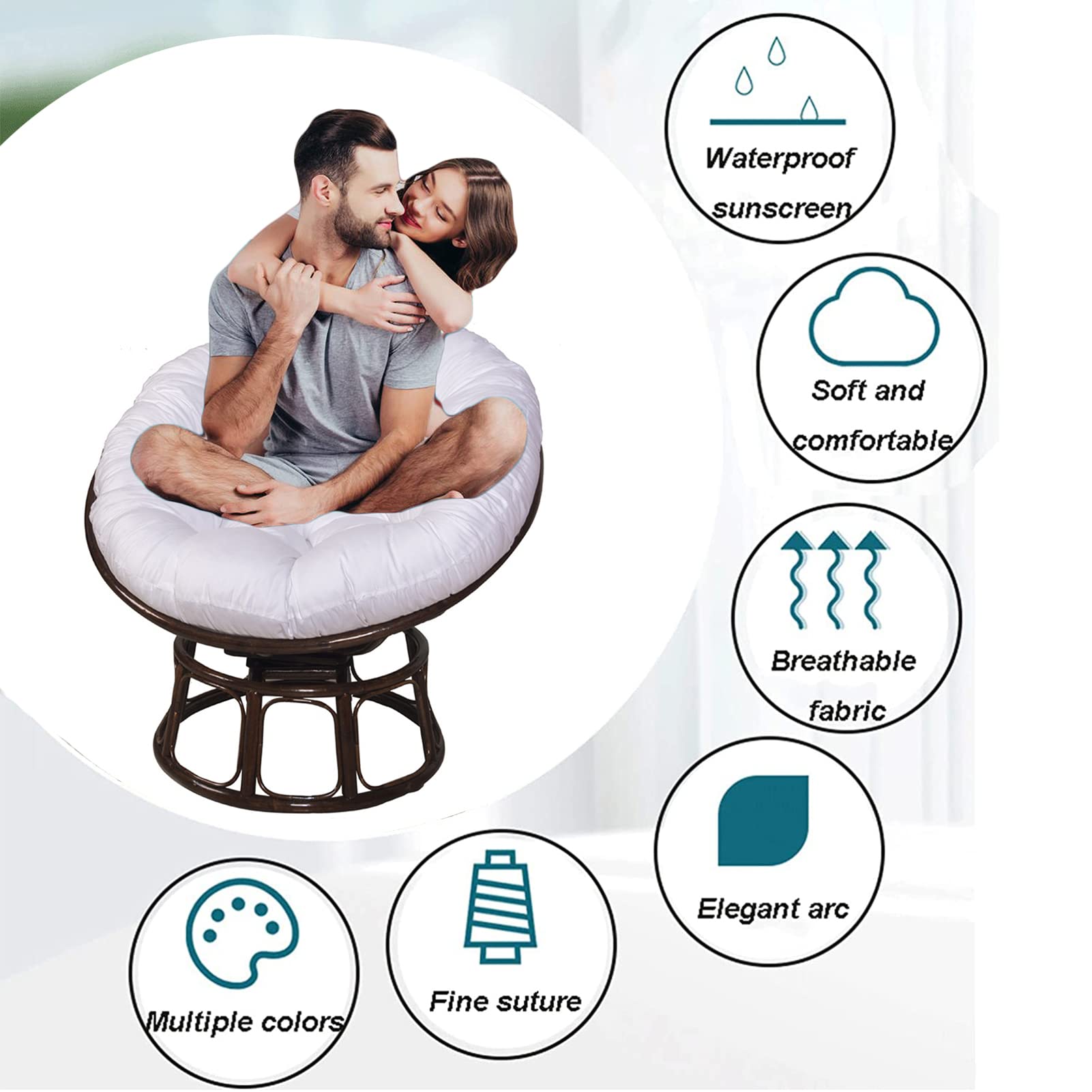 Soft Fluffy Papasan Chair Cushion - 130x130cm White Overstuffed Egg Shaped Hammock Swing Seat Pad for Indoor & Outdoor Use - Perfect for Home, Garden, Patio, and Relaxation