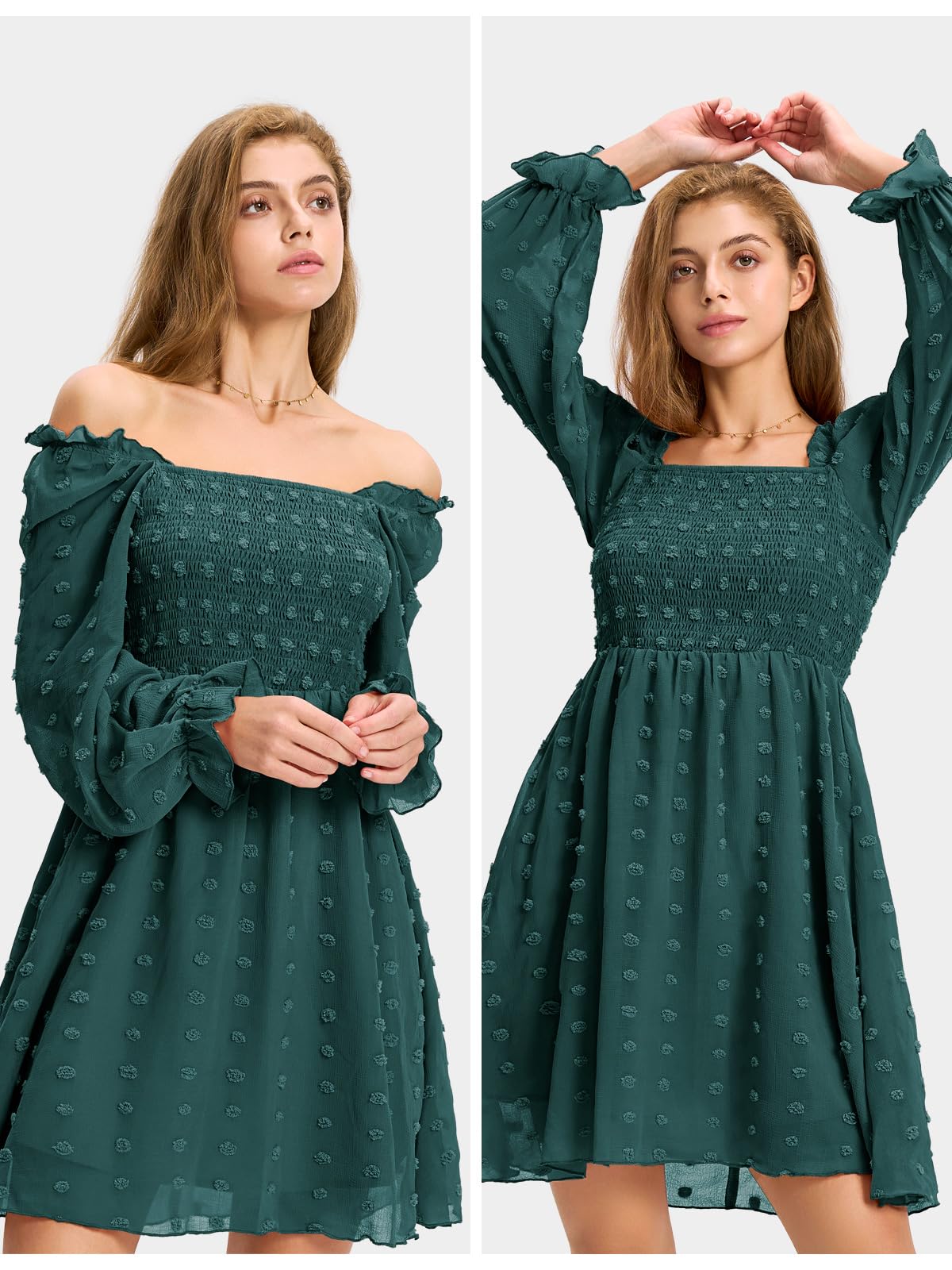 EXLURA Women's 2025 Summer Swiss Dot Smocked Mini Dress with Ruffles - Long Sleeve Cocktail Party Dress for Wedding Guest, Bridal Shower & Date Night Outfits