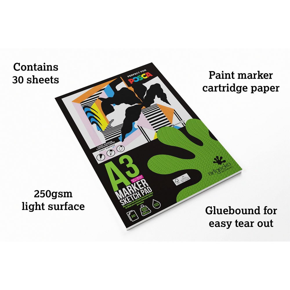 Artgecko Pro Marker Sketchpad - A3 Size, 30 Sheets, 250gsm Premium White Paper for Artists, Illustrators & Designers - Perfect for Sketching, Drawing & Marker Art Projects
