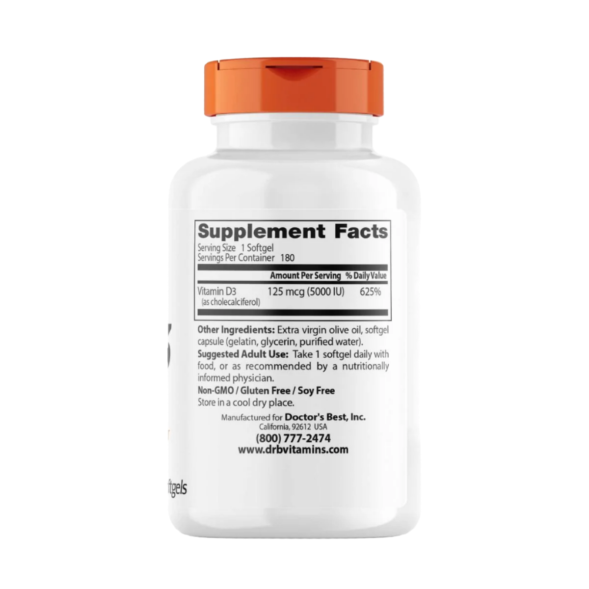 Doctor's Best Vitamin D3 125 mcg (5,000 IU) - 180 Softgels for Immune Support & Bone Health - Essential Supplement for Adults & Seniors - Perfect for Daily Wellness & Winter Months