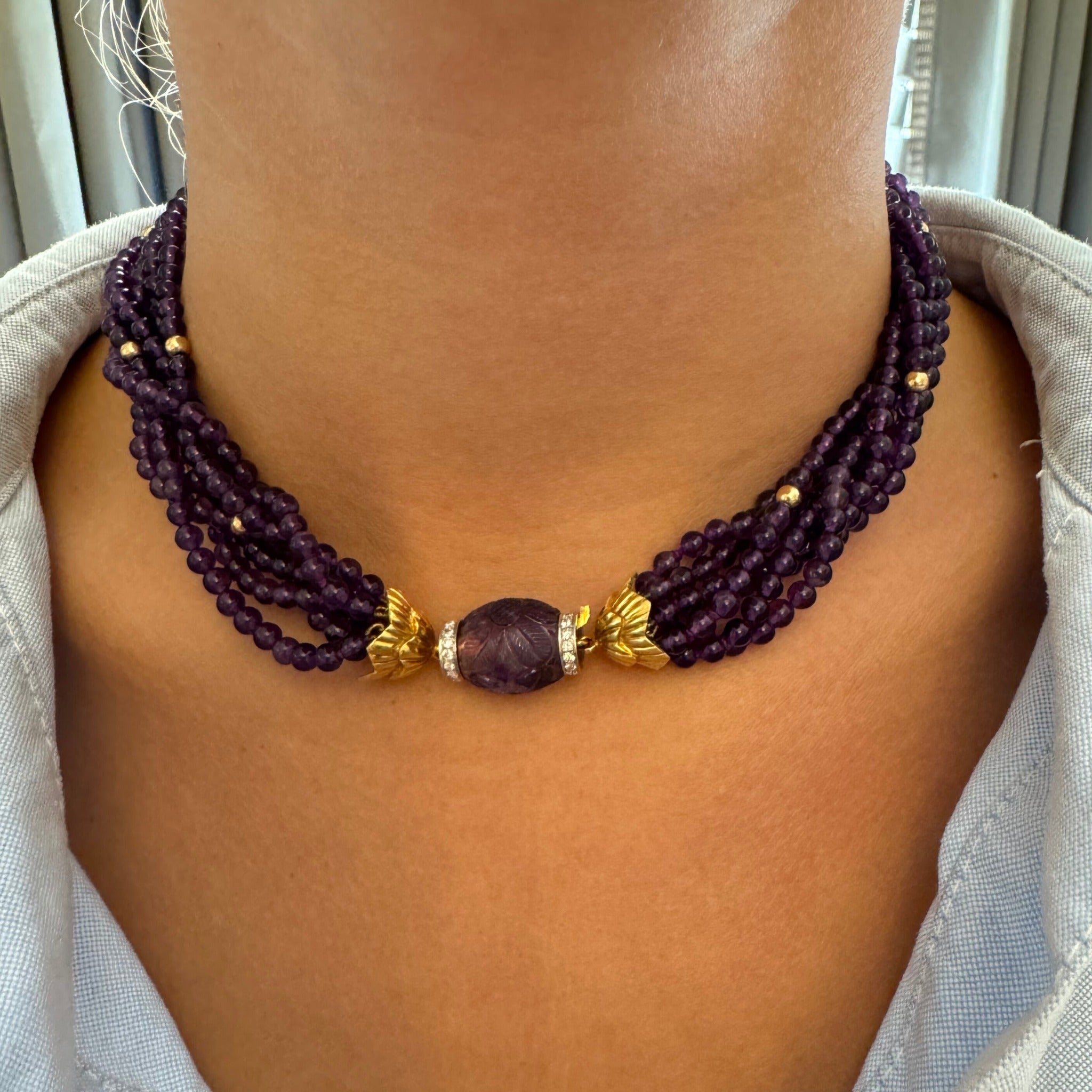 7 Strand Amethyst Beaded Necklace in 18K Gold - Elegant Estate Jewelry for Women, Perfect for Weddings, Parties & Special Occasions