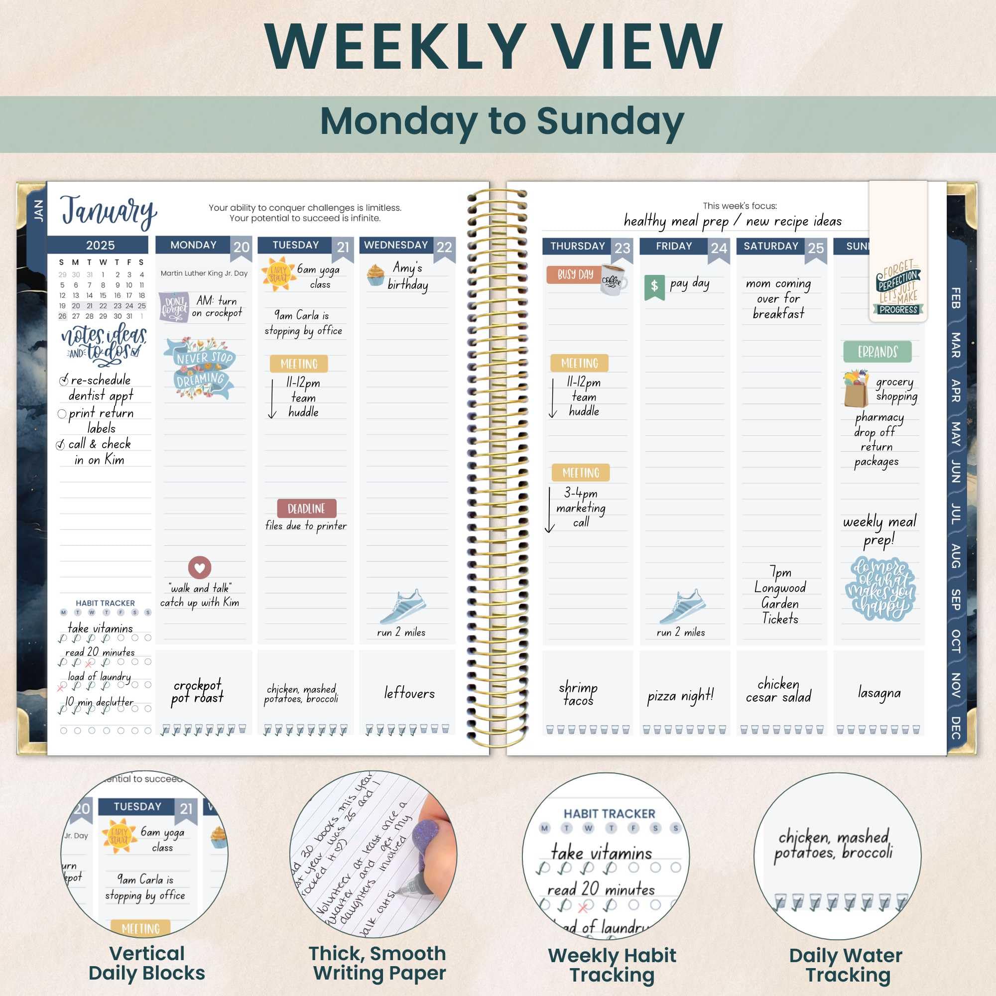Bloom 2025 Hard Cover Planner - Goal Setting & Vision Journal with Monthly/Weekly Layout - 7.5