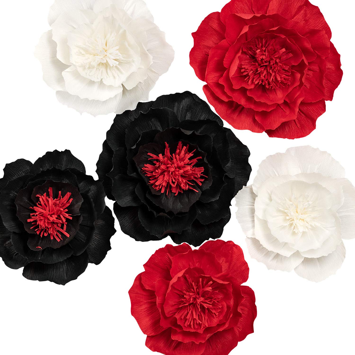 Large Crepe Paper Flowers for Wall Decor - Wedding Backdrop, Nursery, Bridal Shower, Graduation & Birthday Party (Set of 6 - Black, Red, White) | Easy No-Assembly Floral Decorations for Home & Event Styling