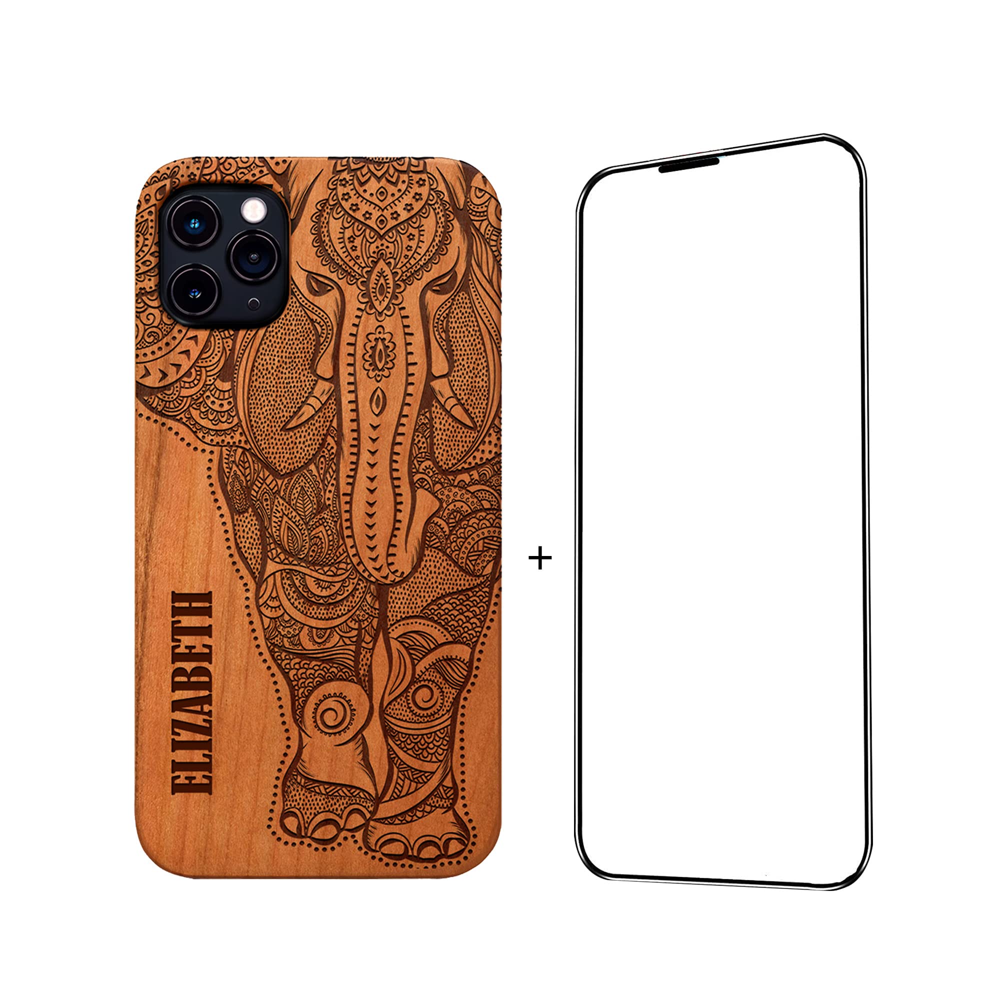 Personalized Engraved Wood Phone Case with Free Screen Protector - Compatible with iPhone 16/15/14/13/12/11 & Samsung Galaxy S20/S21/S22/S23/S24 - Custom Design Options (Elephant 2) - Perfect Gift for Birthday, Anniversary & Everyday Protection