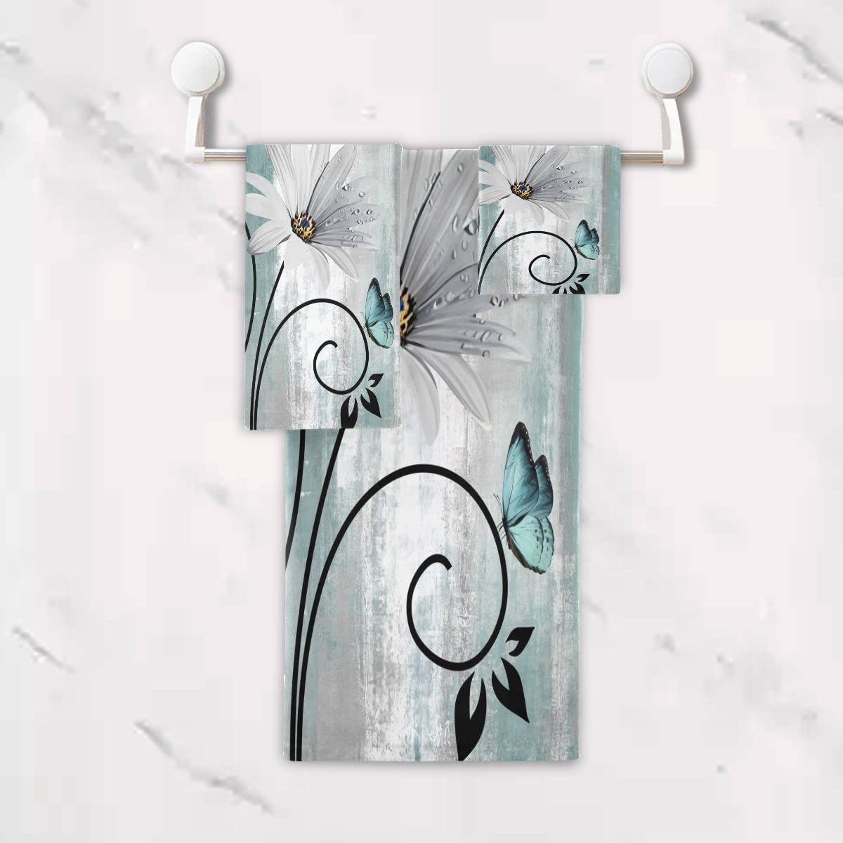 Premium 3-Piece Farmhouse Bath Towel Set - Teal Daisy Floral & Butterfly Design - Soft Absorbent Luxury Bath Towel, Hand Towel & Washcloth - Country Chic Decor for Bathroom & Kitchen - Perfect for Spa Days & Farmhouse Style Homes