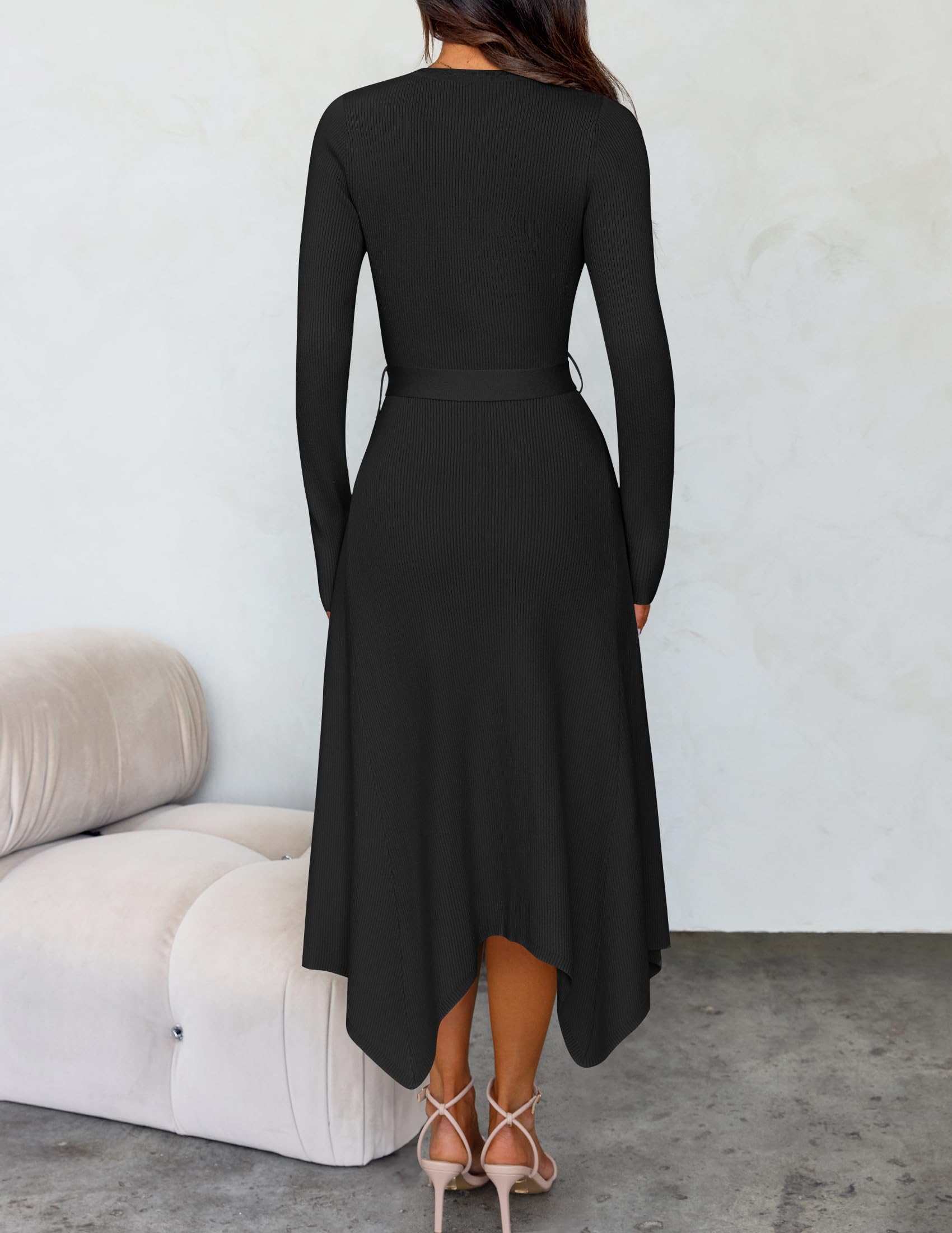 ZESICA Women's 2025 Spring Long Sleeve Ribbed Knit Sweater Dress with Belt - High Waist Midi Dress for Work, Date Night & Casual Outfits