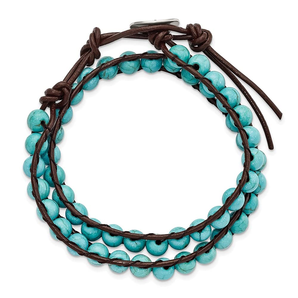 6mm Dyed Turquoise Leather Cord Multi-Wrap Bracelet - Handmade Fine Jewelry for Women, Adjustable 14