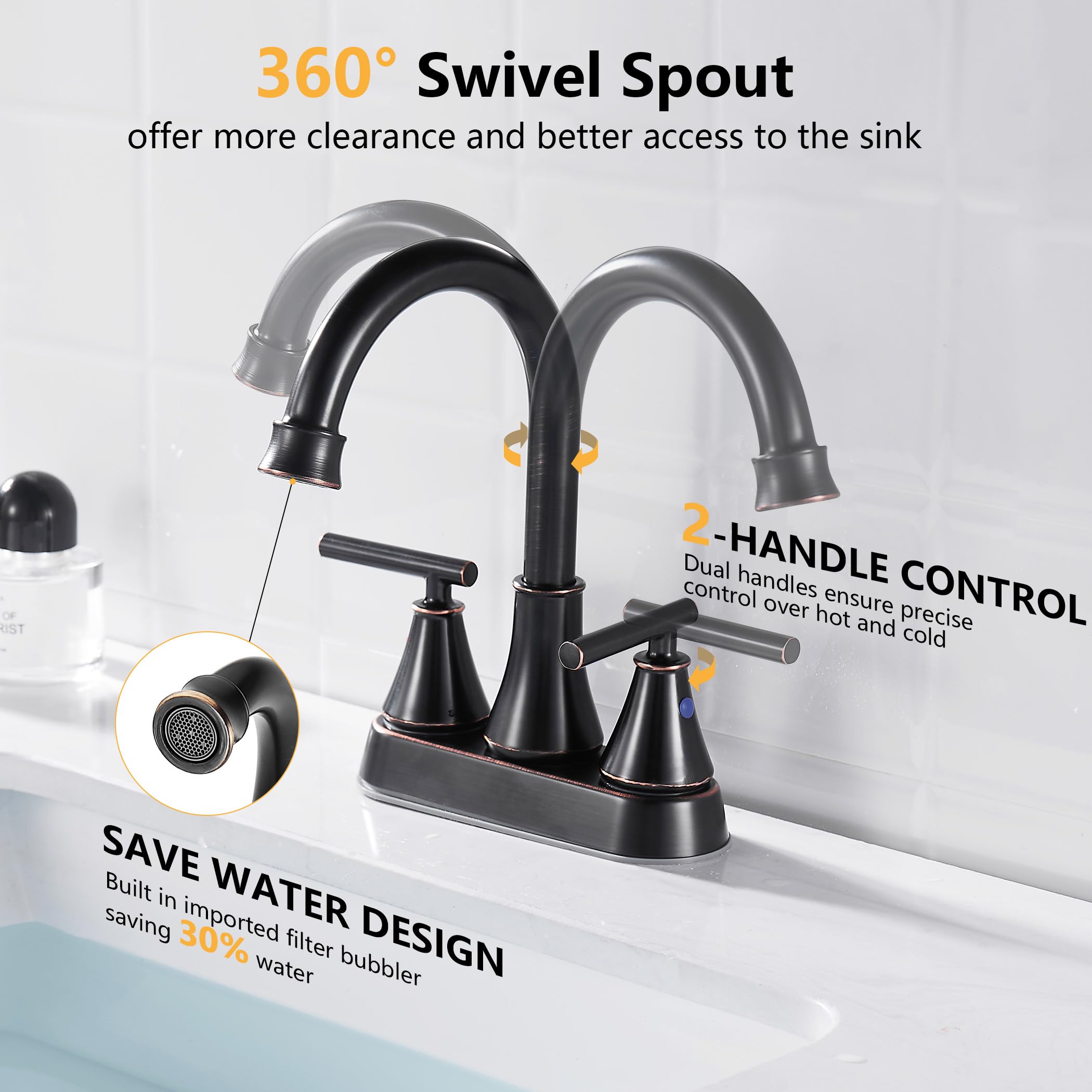 4 Inch 2-Handle Centerset Oil Rubbed Bronze Bathroom Sink Faucet - Lead-Free Modern Vanity Faucet with Pop-Up Drain Stopper & Supply Hoses - Perfect for Bathroom, Powder Room & Guest Bath Renovations
