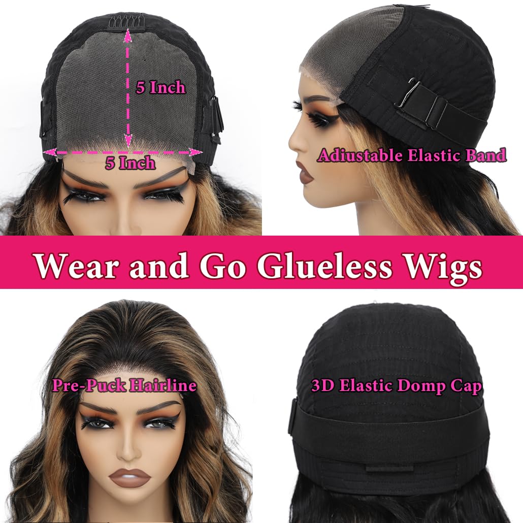 5x5 HD Lace Closure Wigs Human Hair - Glueless Wear and Go, Pre Plucked & Pre Cut, 180% Density, 1B/27 Body Wave Ombre, Highlight Honey Blonde, 30 Inch - Perfect for Daily Wear, Parties & Special Occasions