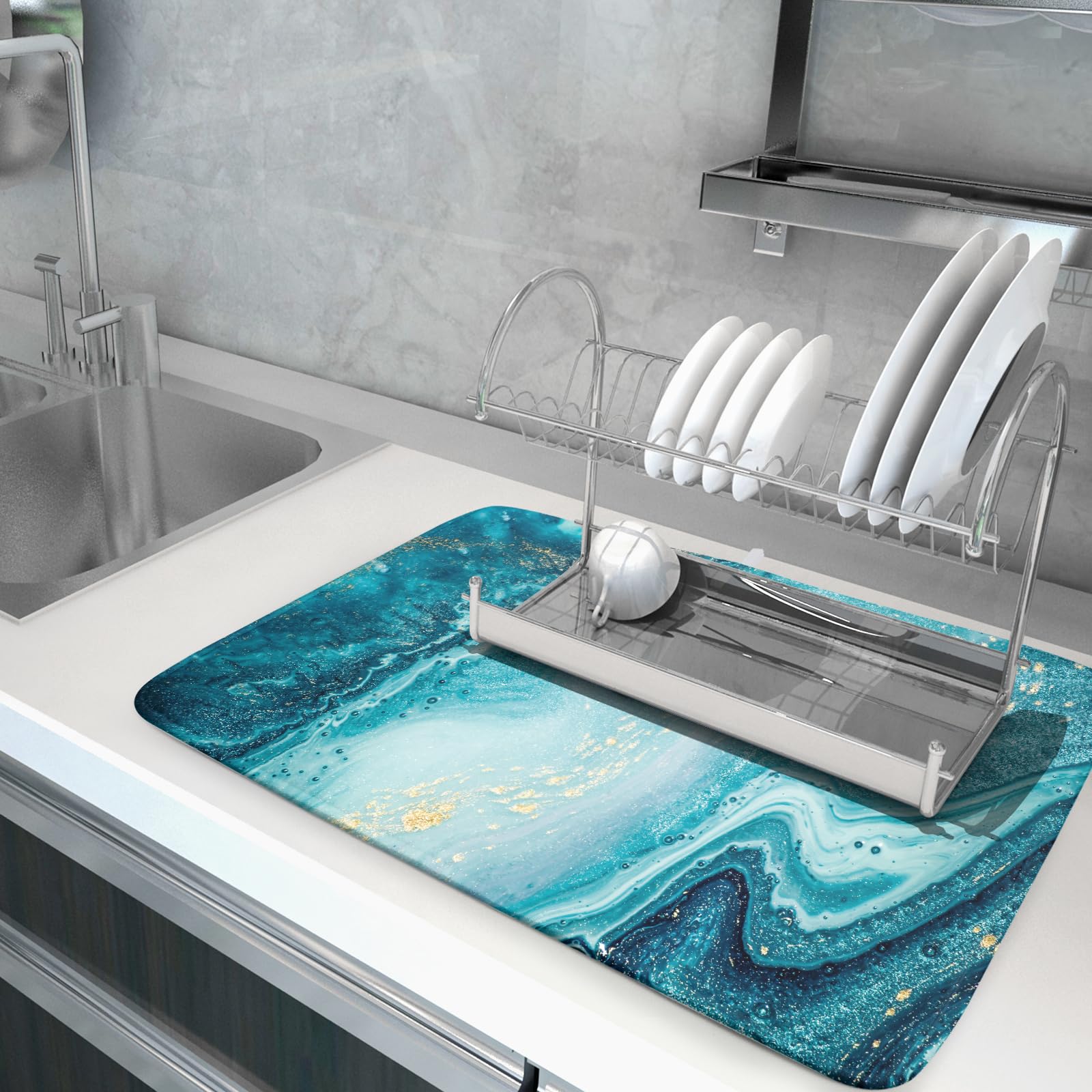 Blue Marble Dish Drying Mat for Kitchen Counter - 18