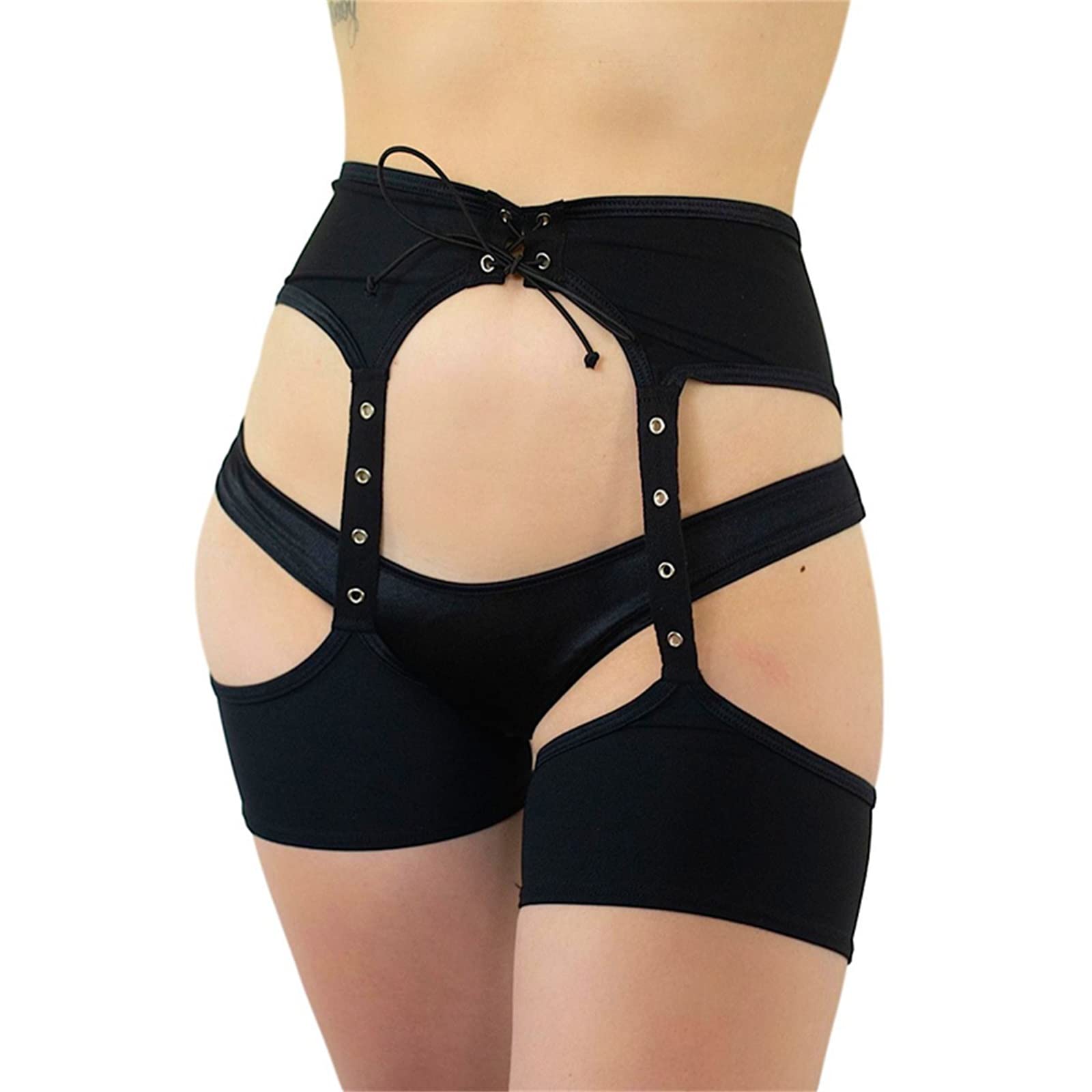 Sexy Women's High Waist Cut Out Rave Shorts with Hollow-Out Design & Garter Belt - Tie-Up Open Crotch Hot Pants for Nightclub, Festival & Cosplay