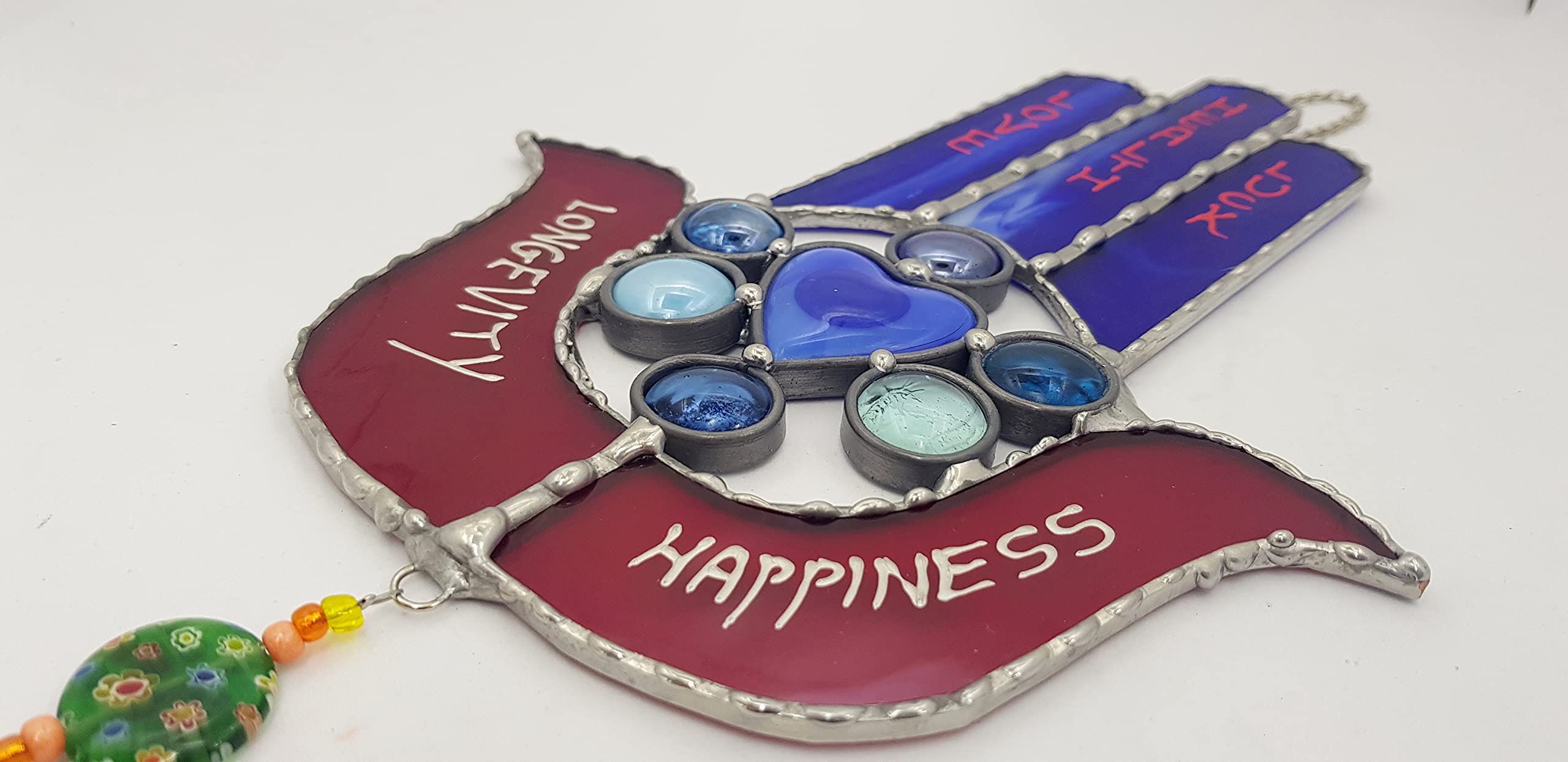 Beautiful Hamsa With 5 Blessings Stained Glass Wall Art - Spiritual Home Decor, Good Luck Gift for Jewish Holidays, Housewarming & Protection - Perfect for Living Room, Bedroom or Office Decor