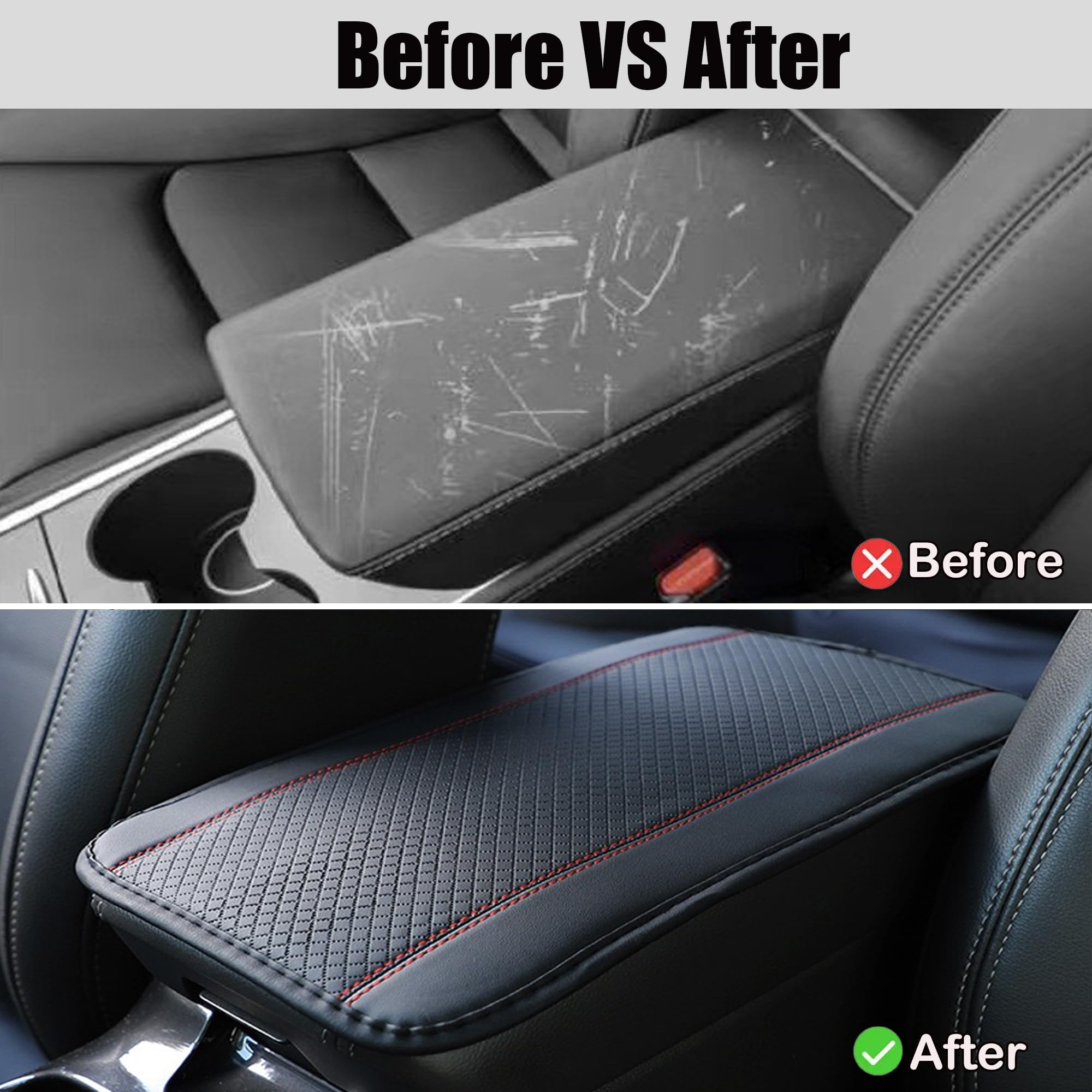 Premium PU Leather Car Center Console Cover - Universal Waterproof Armrest Box Protector for Cars, Trucks & SUVs | Interior Accessories | Black-Red Design | Perfect for Road Trips & Daily Commute