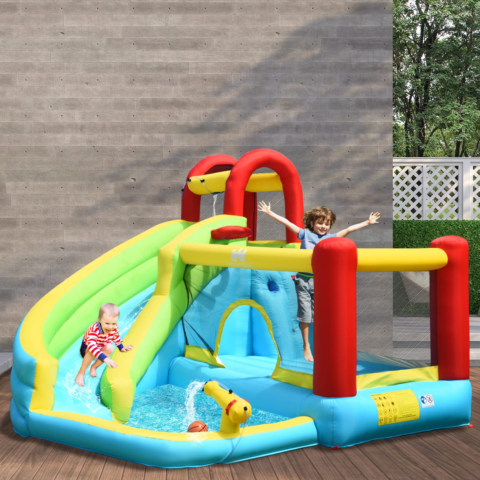 HONEY JOY Inflatable Water Slide with Splash Pool, Climbing Wall & Slides - Outdoor Water Bounce House for Kids & Adults - 480W Blower Included - Perfect for Backyard Parties, Summer Fun & Family Gatherings