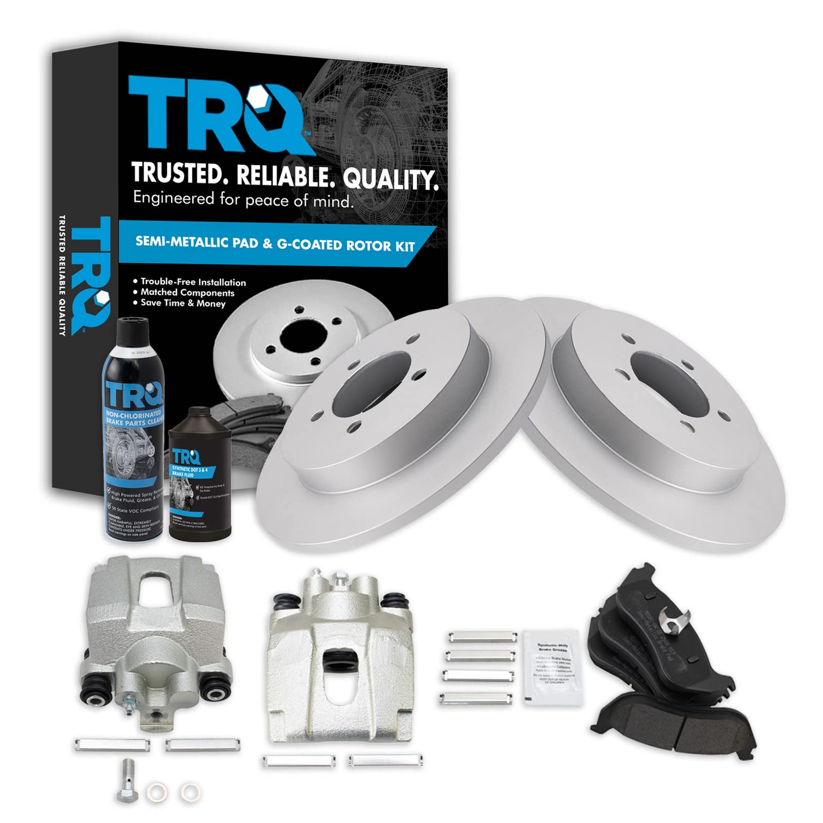 TRQ Premium Rear Brake Pad & Rotor Kit with Caliper & Chemical Kit - Semi-Metallic Solid G-Coated - Compatible with 2002-2005 Ford Explorer & Mercury Mountaineer - Perfect for Smooth Braking & Vehicle Maintenance