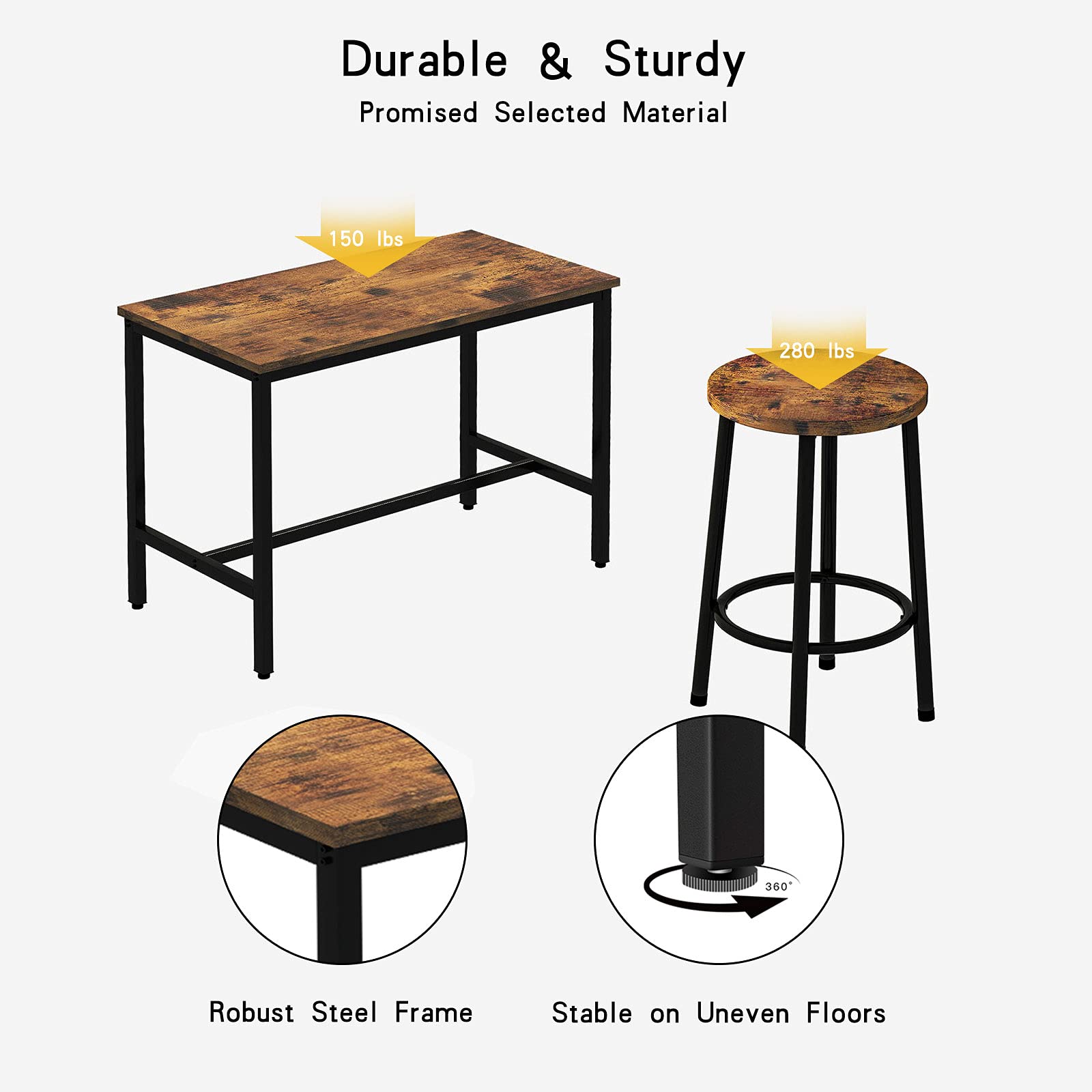 AWQM 4-Piece Industrial Counter Height Dining Table Set with Stools - Brown Kitchen Breakfast & Pub Table for Living Room, Bar, Restaurant & Home Decor
