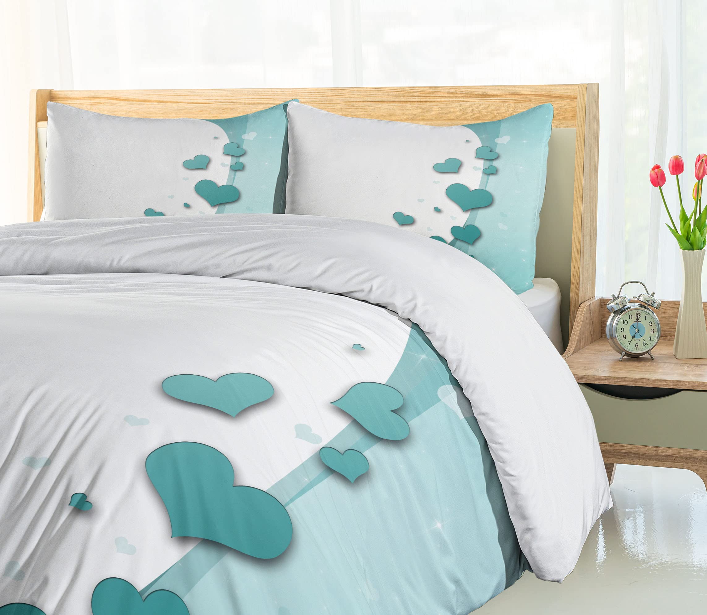 Ambesonne Turquoise Duvet Cover Set - King Size 3-Piece Bedding with 2 Pillow Shams | Valentine's Day Romantic Heart & Star Design for Wedding & Couples | Soft Teal, White & Turquoise Decorative Bedroom Set - Perfect for Master Bedrooms, Guest Rooms & Anniversary Gifts