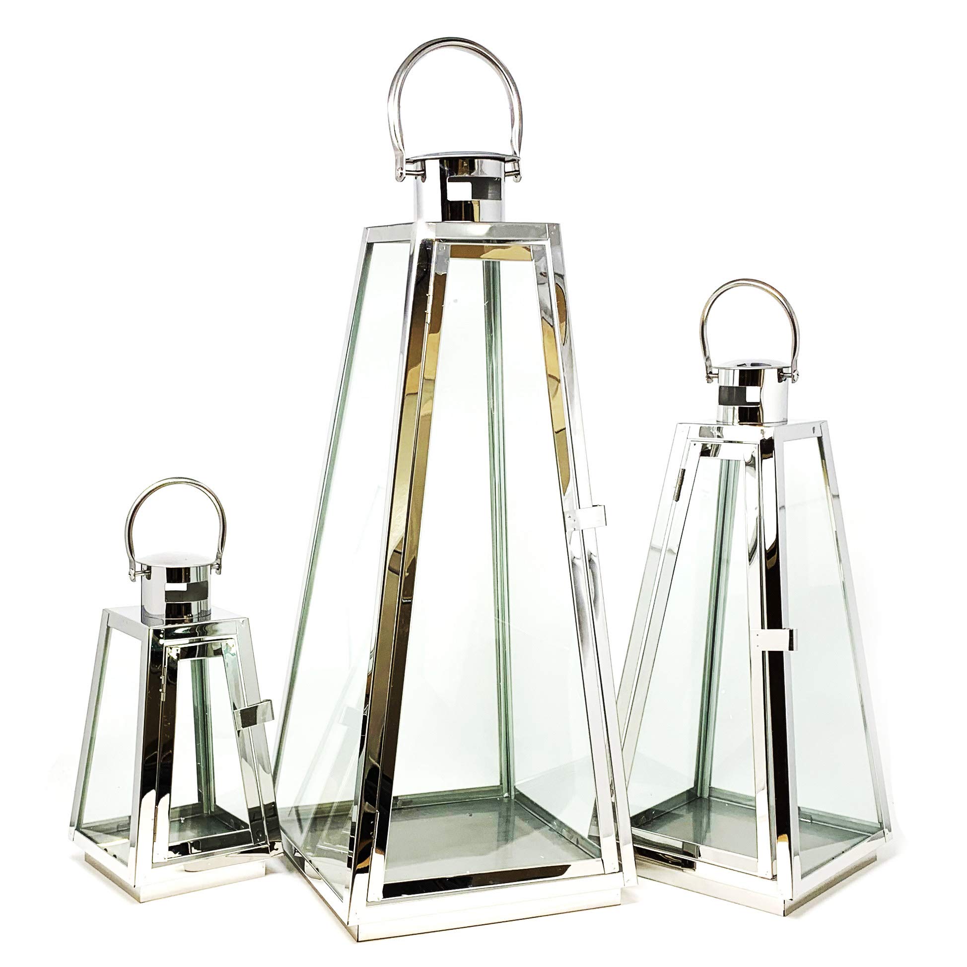 Allgala 3-Piece Jumbo 24-Inch Modern Lantern Set - Silver Chrome Stainless Steel Tapered Trapezoid Frame with Tempered Glass - Indoor/Outdoor Decorative Candle Holders for Garden, Patio, Fireplace, Wedding & Home Decor