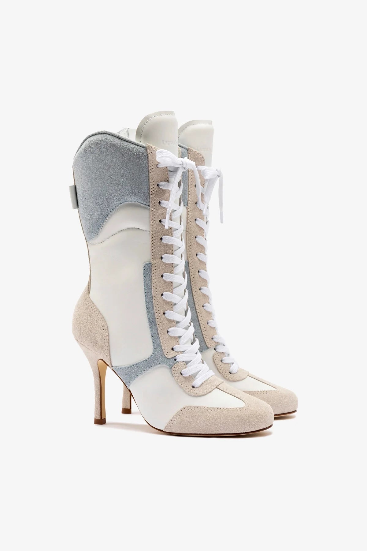 Larroudé x Jonathan Cohen White Leather High Heel Sneaker Boot with Maya & Mushroom Grey Suede - Stylish Women's Fashion Shoes for Parties, Dating & Night Out