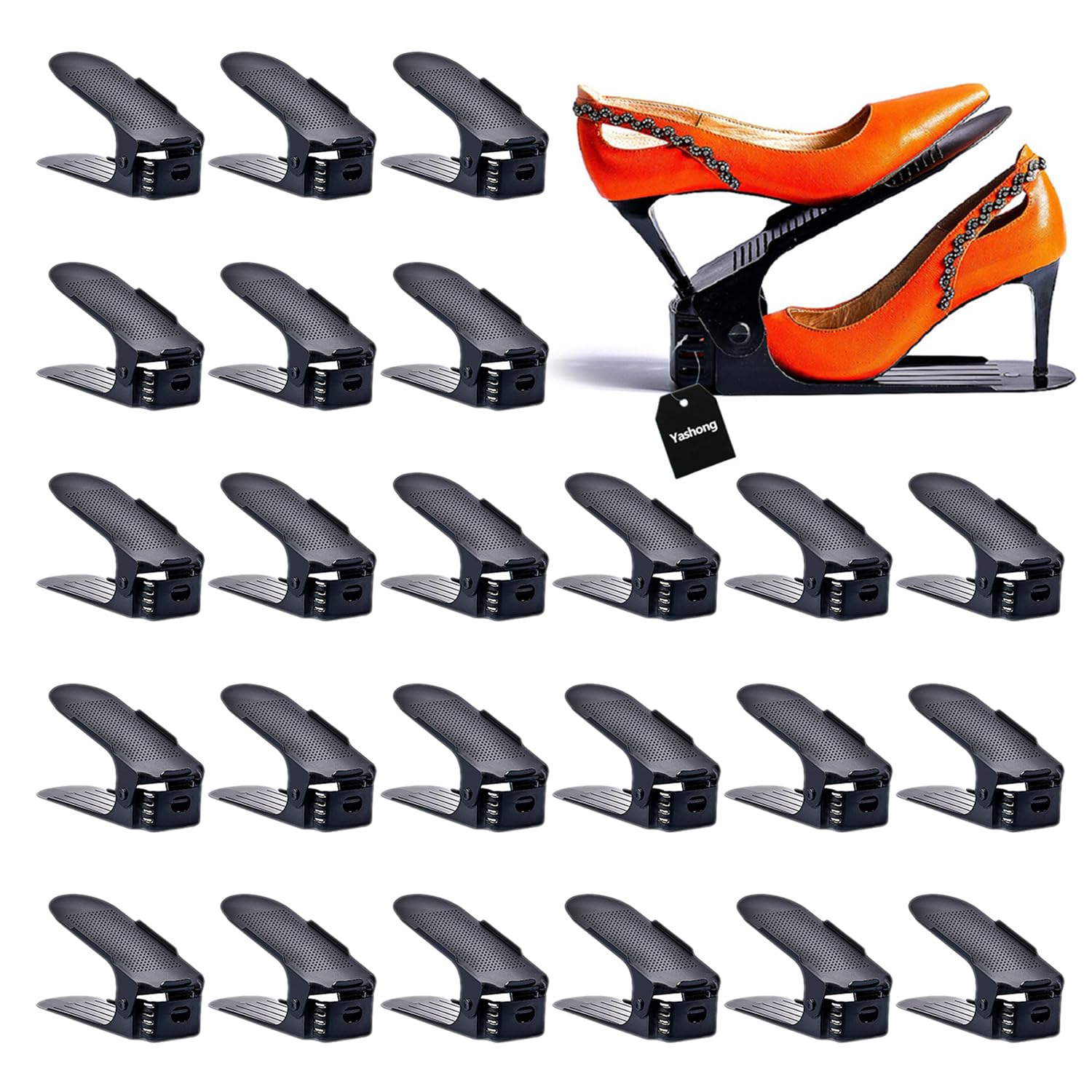 24PCS Adjustable Double Layer Shoe Rack Organizer - Space Saving Shoe Storage for Closet, Entryway & Under Bed - Black Stackable Shoe Holder for Sneakers, Heels & Boots