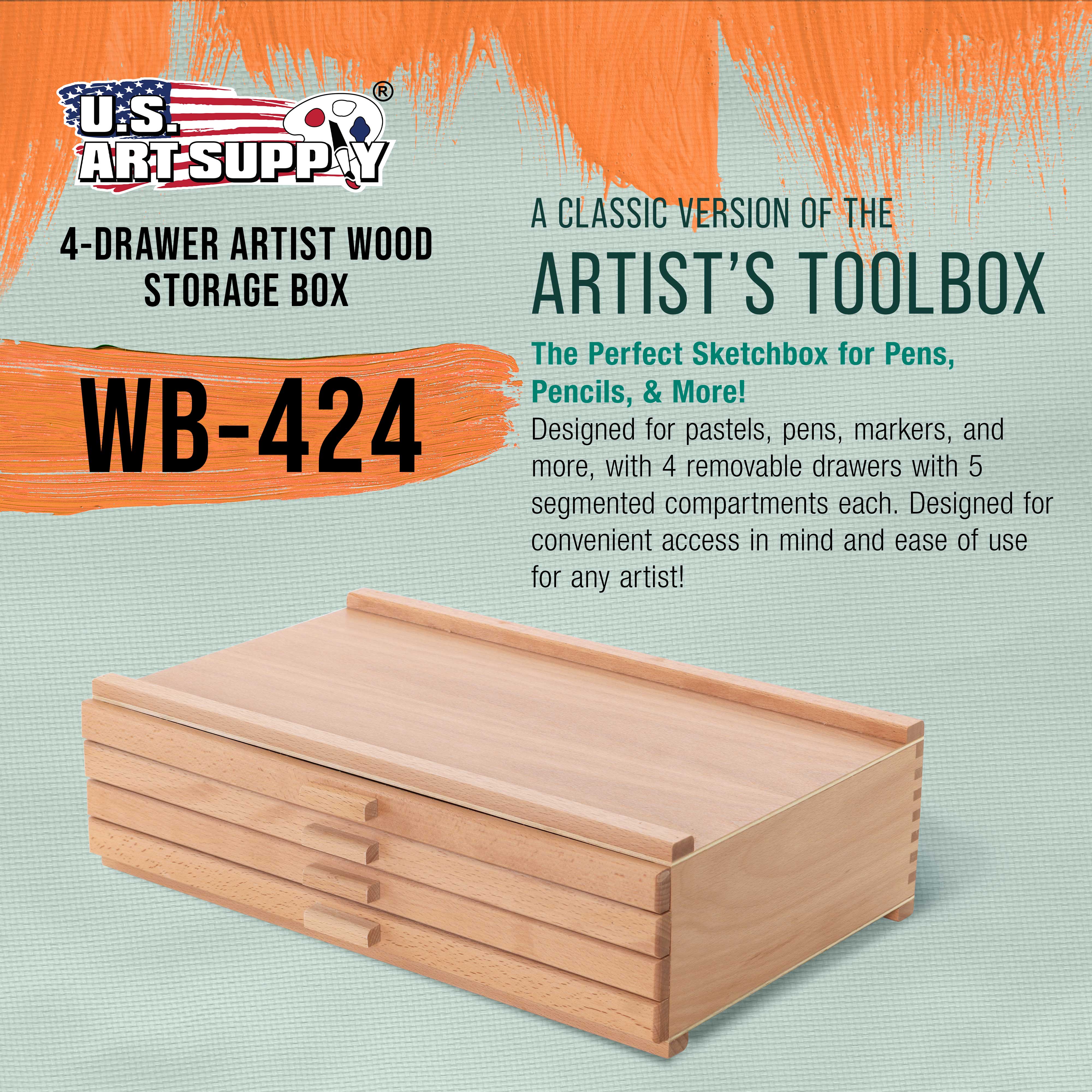 4-Drawer Artist Wood Storage Box for Pastels, Pens, Markers - Elm Hardwood Construction with 5 Compartments per Drawer - Perfect for Drawing, Sketching & Art Supplies Organization - Ideal for Artists, Students & Craft Rooms