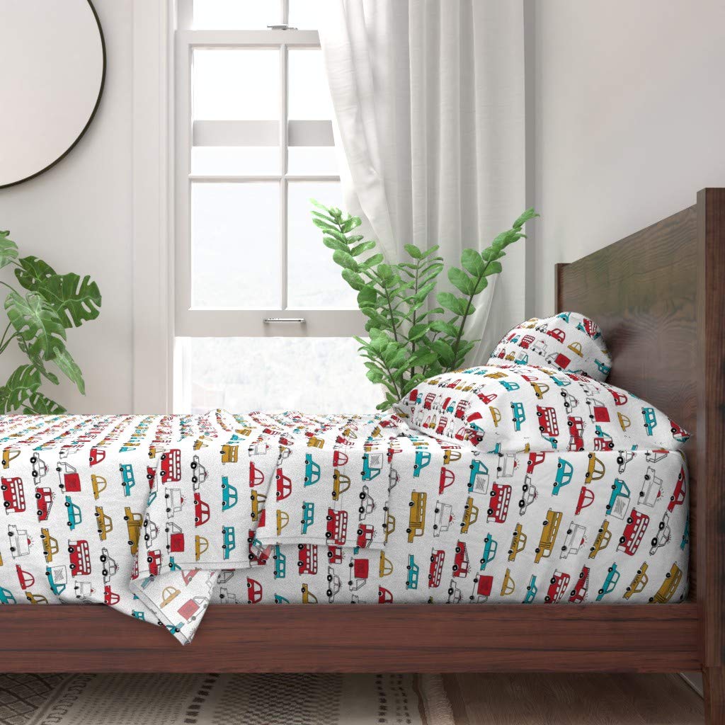 **Spoonflower 100% Cotton Twin 3-Piece Sheet Set - Cars, Trucks & Buses Cartoon Print for Baby Boy Nursery | Soft, Colorful Custom Bedding for Kids' Room Decor**    *(Use Case: Perfect for baby boy nurseries, kids' bedrooms, or playful room themes, adding a fun and vibrant touch to any child's space.)*