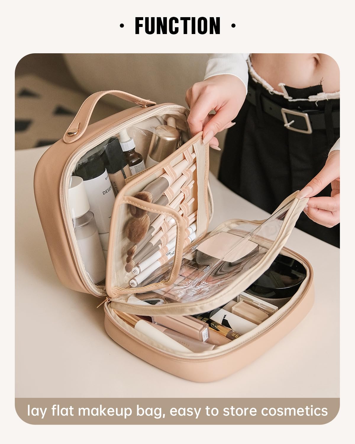 EACHY Large Waterproof Travel Makeup Bag for Women - Spacious Cosmetic Organizer with Divider & Handle, Portable Flat Open Toiletry Pouch - Perfect for Air Travel, Gym, Beach & Daily Essentials Storage