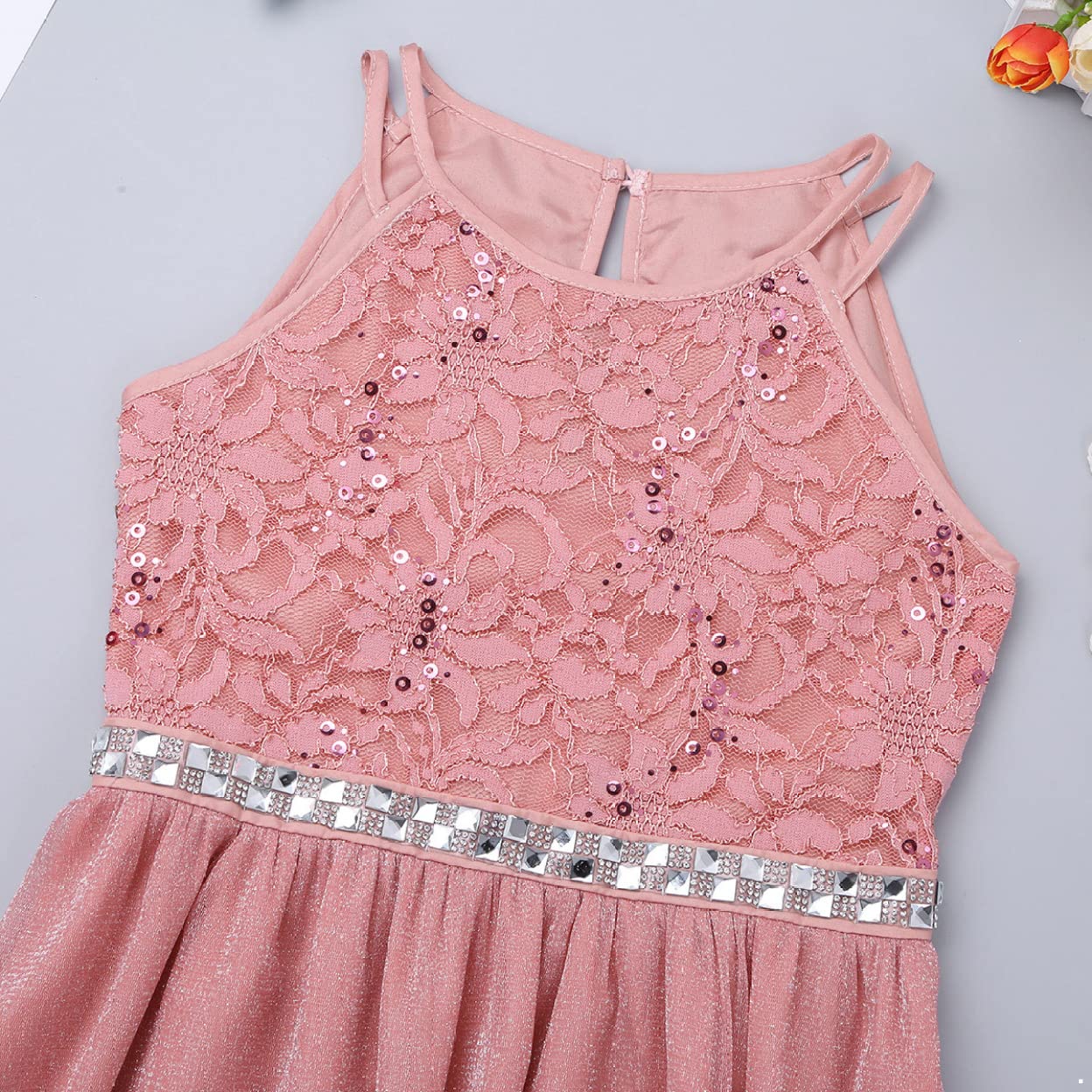 Sparkly Girls Halter Sequins Lace Chiffon Flower Dress for Junior Wedding, Bridesmaid & Prom Party | Perfect for Formal Events, Birthday Celebrations & Special Occasions