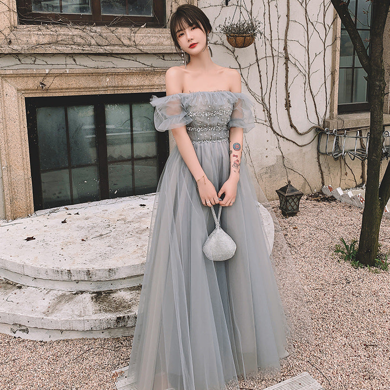 Elegant Off Shoulder Tulle Long Prom Dress in Gray Green - Formal Evening Gown for Homecoming, Wedding & Special Occasions | Style 299