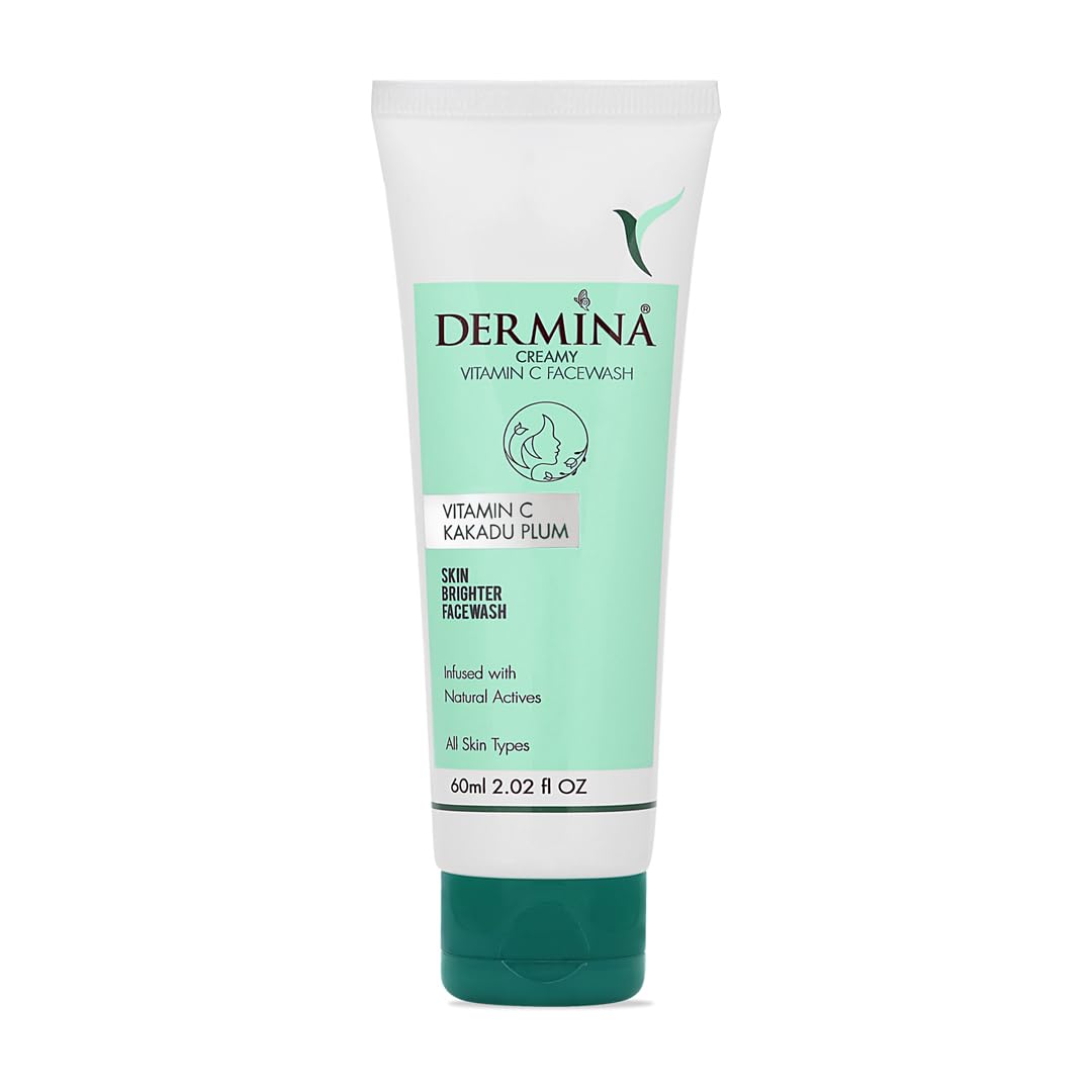 DERMINA Creamy Vitamin C Face Wash with Kakadu Plum - Oil Free Cleanser for Clean & Glowing Skin | Brightening Facial Wash for All Skin Types (Women & Men) | 60ml | Perfect for Morning & Night Skincare Routine