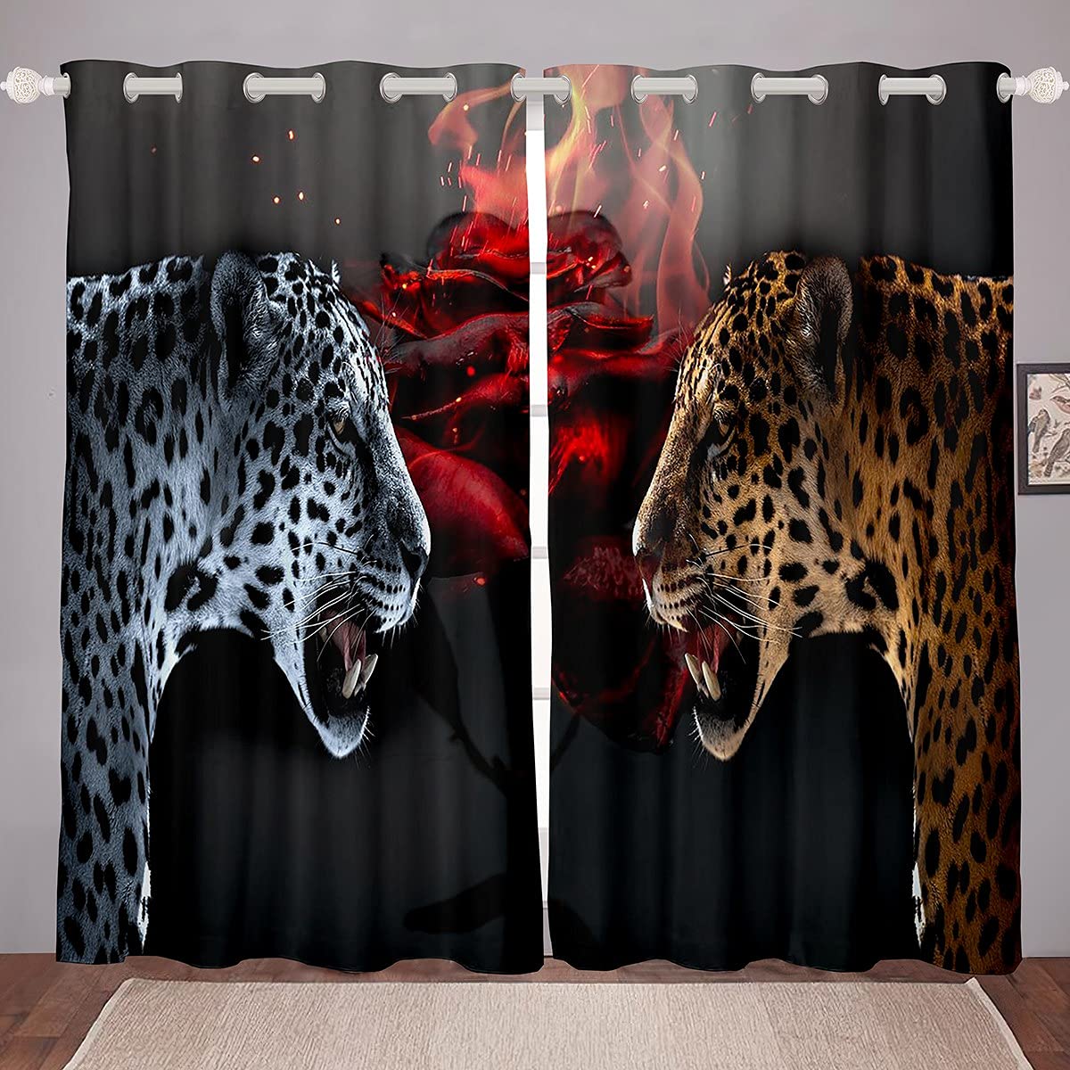 Leopard Print Window Curtains 42x90 Inches - Red Rose Floral & Cheetah Animal Print Drapes for Living Room & Bedroom | African Safari Wildlife Theme Window Treatments in Brown/White | Perfect for Jungle, Safari Nursery or Boho Home Decor