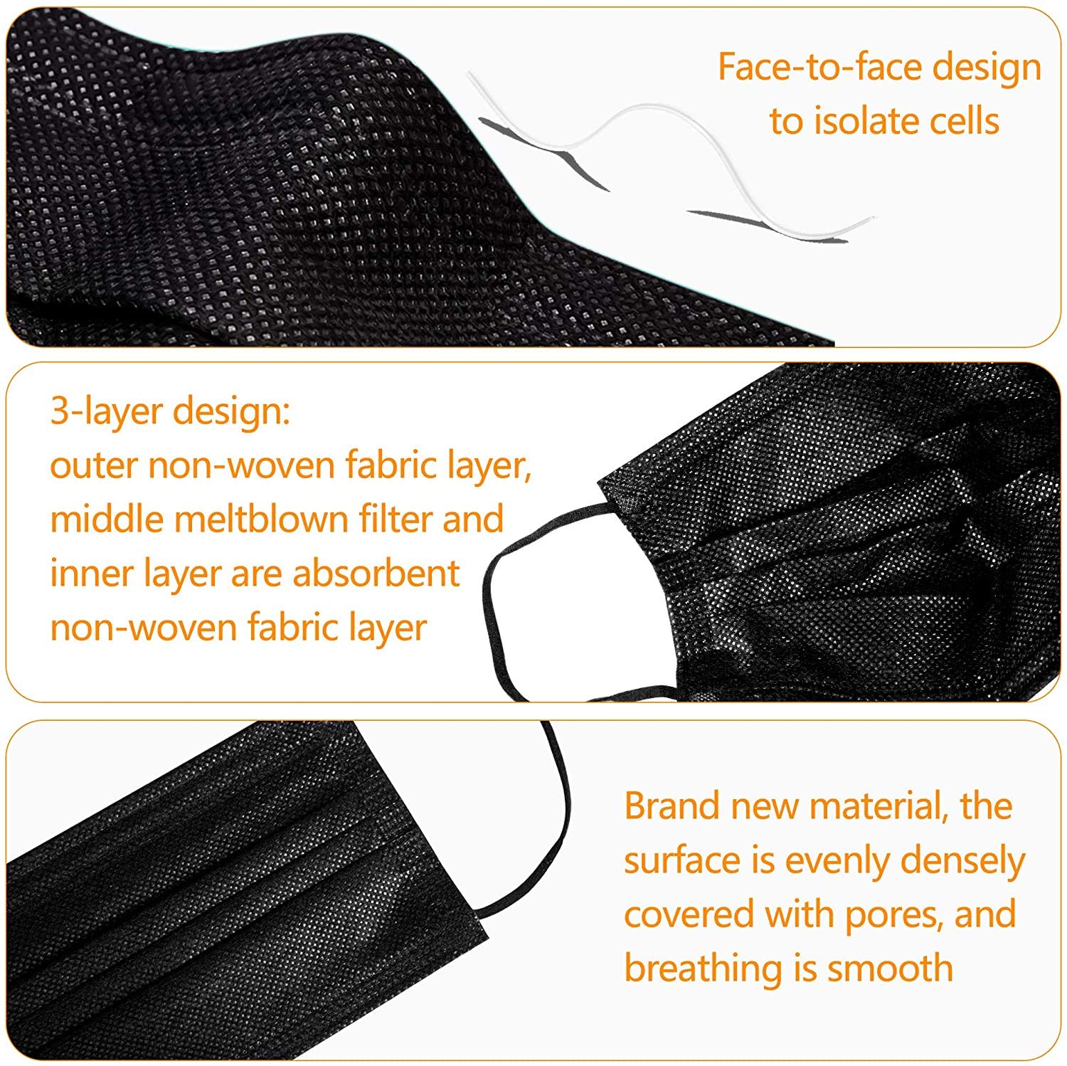 GreatDio® 200 Pcs Disposable 3-Ply Face Masks - Breathable Protective PPE with Nose Clip & Ear Loops (Black) - Ideal for Daily Use, Travel, Work & Public Safety
